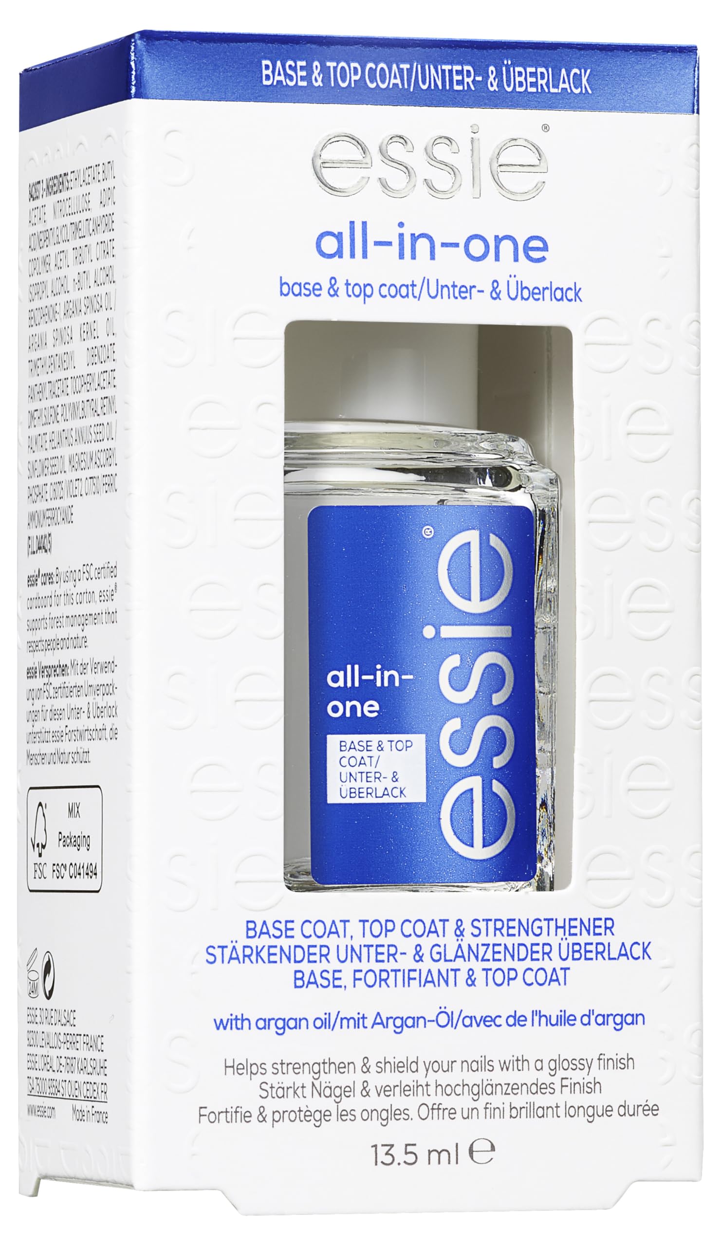 Essie Base/Top Coat all-in-one mit Argan-Öl, Unterlack und Überlack, Stärke und Glanz, Klar, 13,5 ml