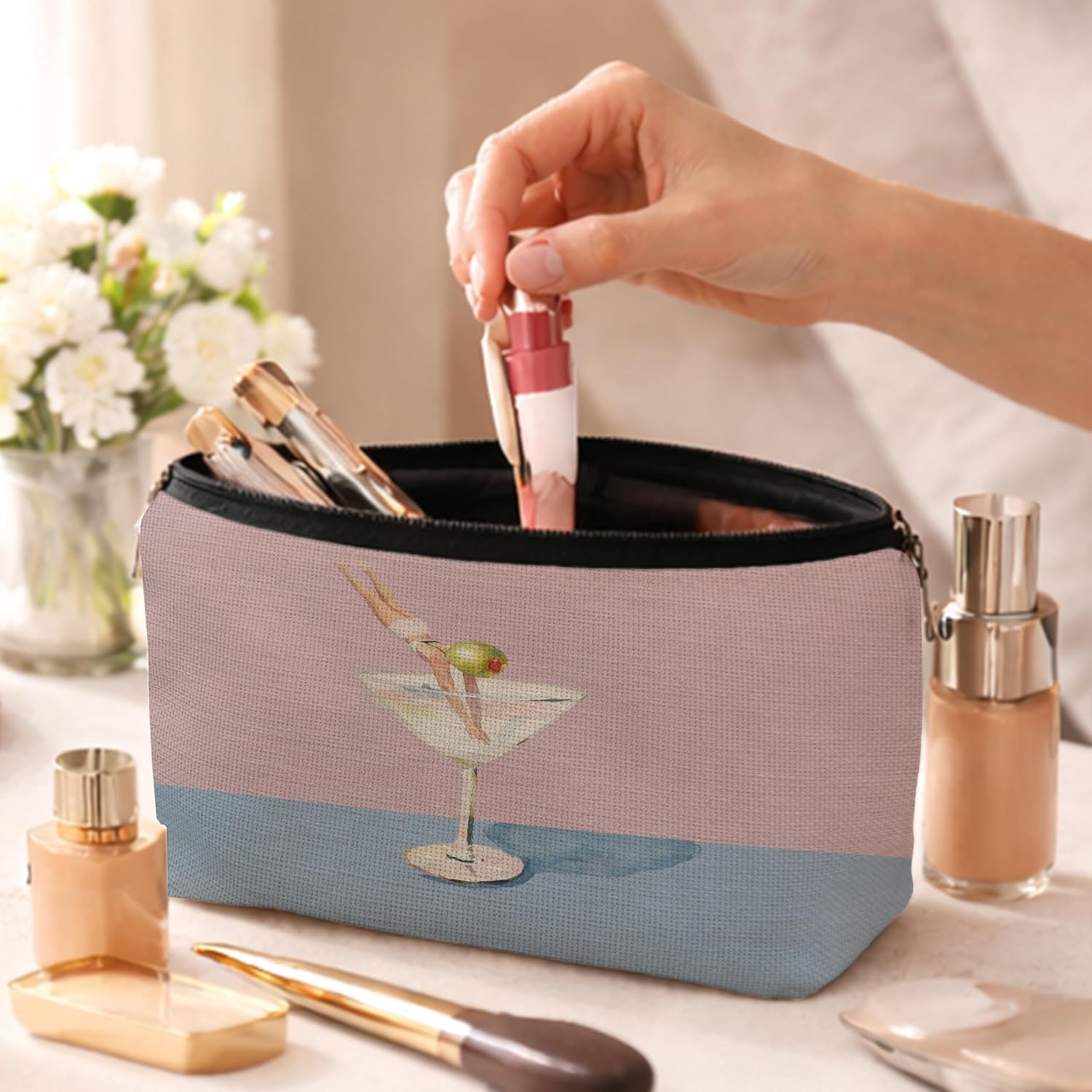 Funny Dirty Martini Bar Makeup Bag for Women, Martini Cocktail Lovers Gifts Cosmetic Bags for Purse, Whimsical Pink and Blue Zipper Makeup Pouch image 3