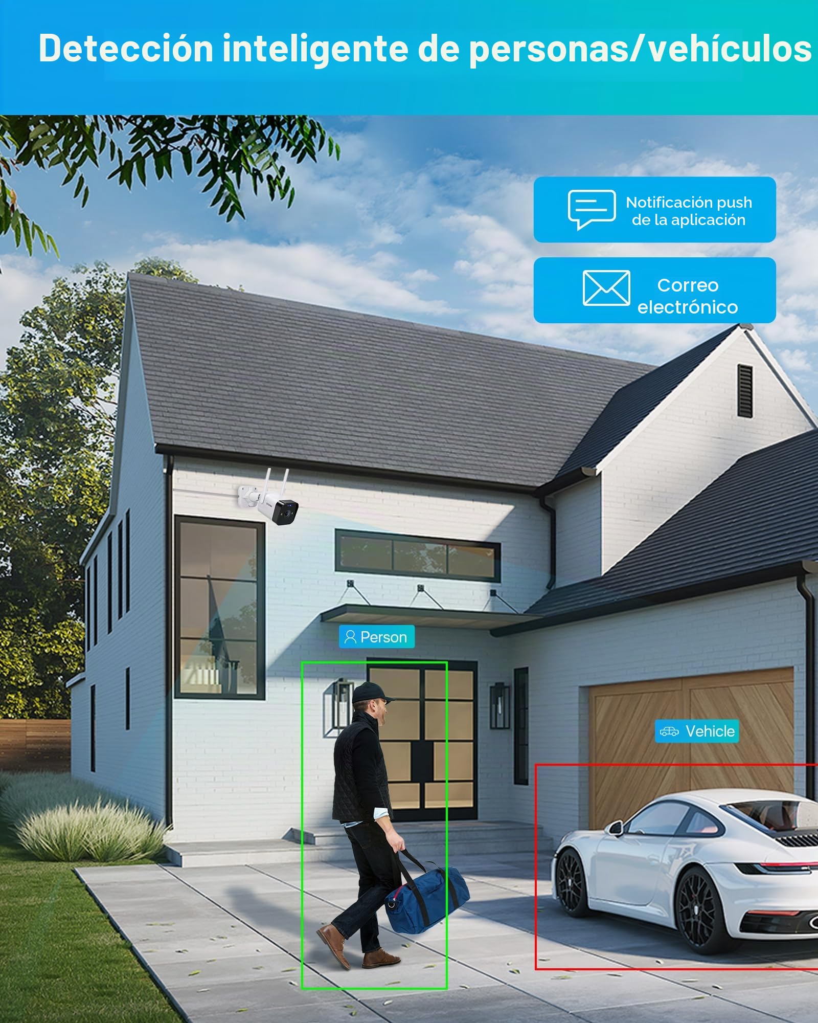 ZOSI C188 2,5K 4MP Cámara Vigilancia WiFi IP Exterior con Enchufe, Detección de Persona/Vehículo, Alarma de Sirena y Focos, Visión Nocturna en Color, Grabación en Tarjeta/Nube