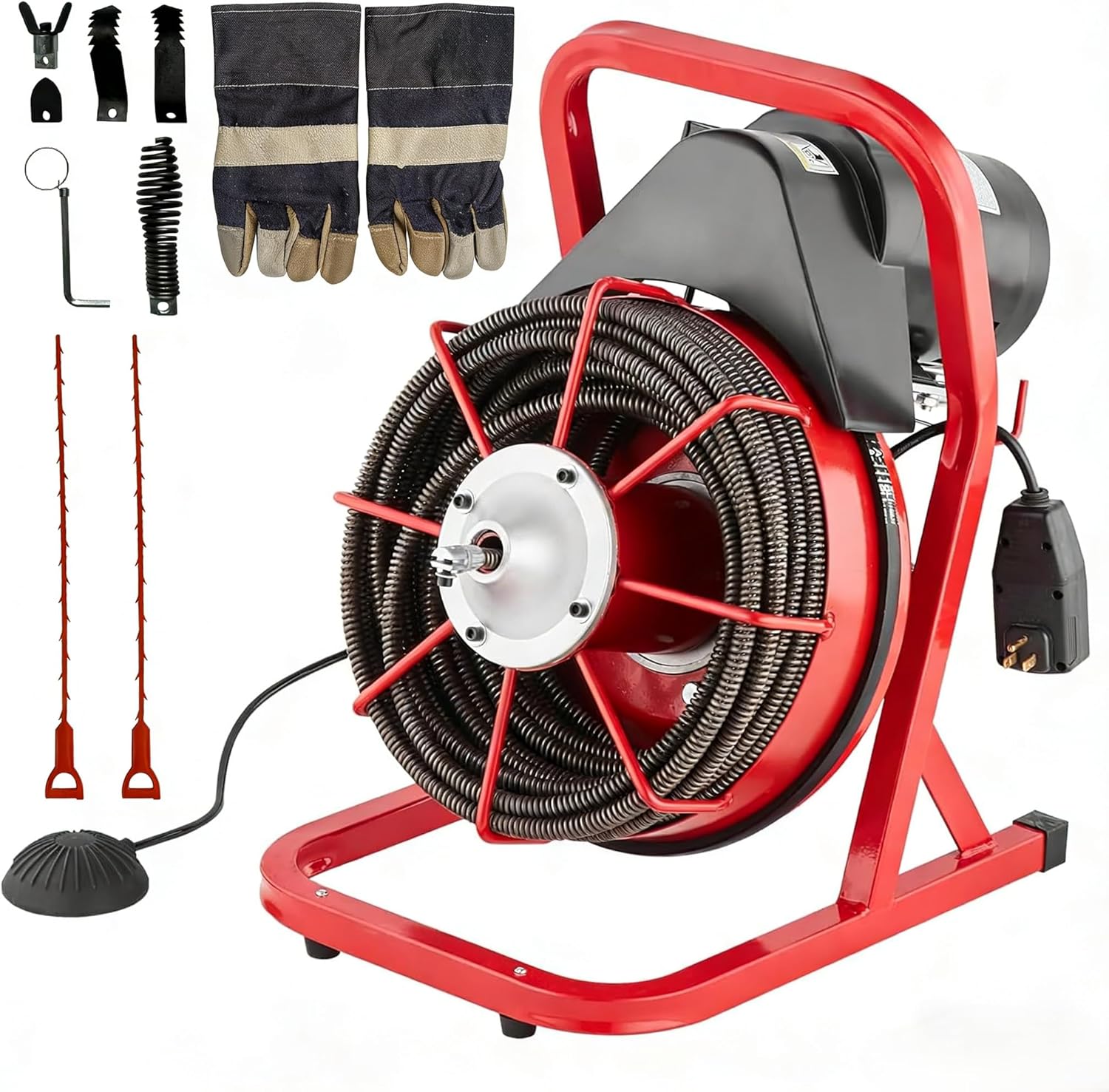 Drain Cleaner Machine 75FT x 1/2 Inch, Sewer Snake Auger Manual Feed, 400W Sewer Snake Auger with 6 Cutters & Foot Switch for 1 in to 4 in Pipes, Heavy Duty Sewer Auger for Sinks, Toilets, Showers
