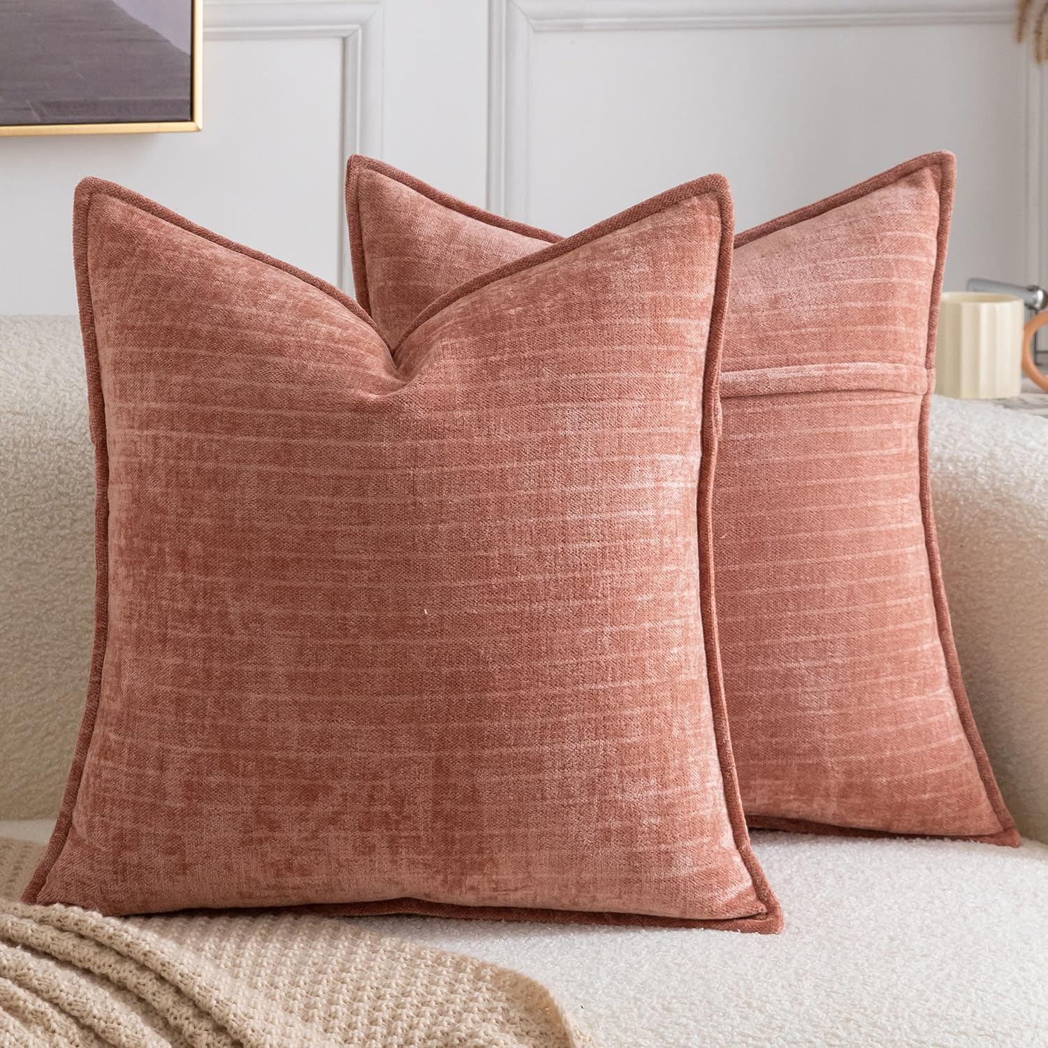 Madizz Pack of 2 Decorative Striped Cushion Covers Vintage Boho Soft Chenille Throw Pillows Luxurious Pillow Cases for Couch Sofa Bedroom Living Room 45x45 CM, Coral โ image 1