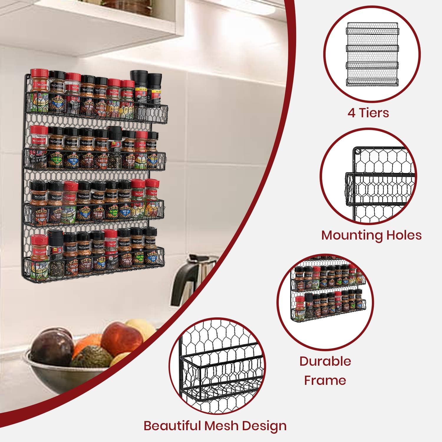 Homeries 4 Tier Spice Rack, Storage Organizer, Spice Rack Mount, Great for Kitchen, Pantry or Wall Mount