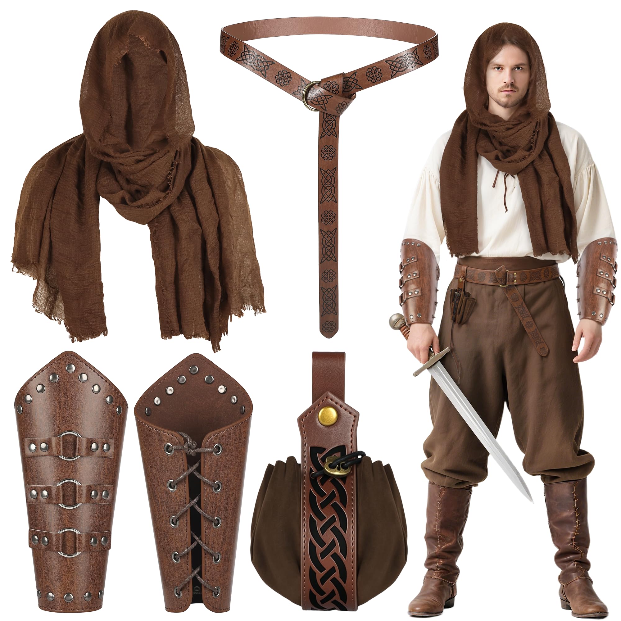 Bryndo Mens Medieval Ranaissance Costuem Set, Medieval Knight Fancy Dress with Leather Belt Shawl Retro Head Scarf Arm Guards Leather Belt Pouch Viking Accessories Set for Halloween Cosplay Party