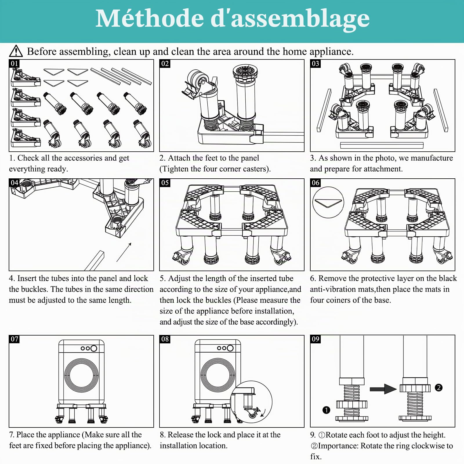DEWEL Base de Réfrigérateur Réglable longueur 41–59 cm hauteur 16-20 cm Base de Réfrigérateur pour Sèche-linge Frigo Lave-vaisselle avec 4 pieds et 4 roues, Charge 300 kg
