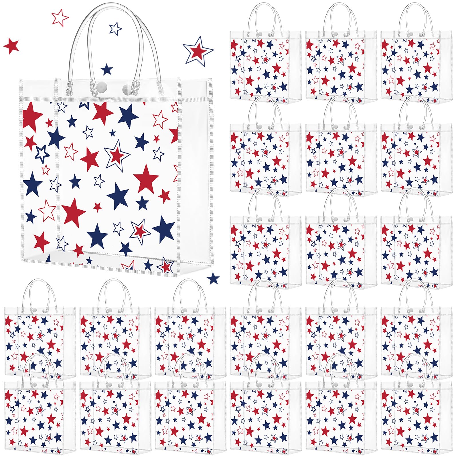 Kosiz 24 Pcs Patriotic Gift Bags Patriotic Party Favors Red White Blue American Star Clear PVC Gift Bags, Memorial Day Independence Day 4th of July