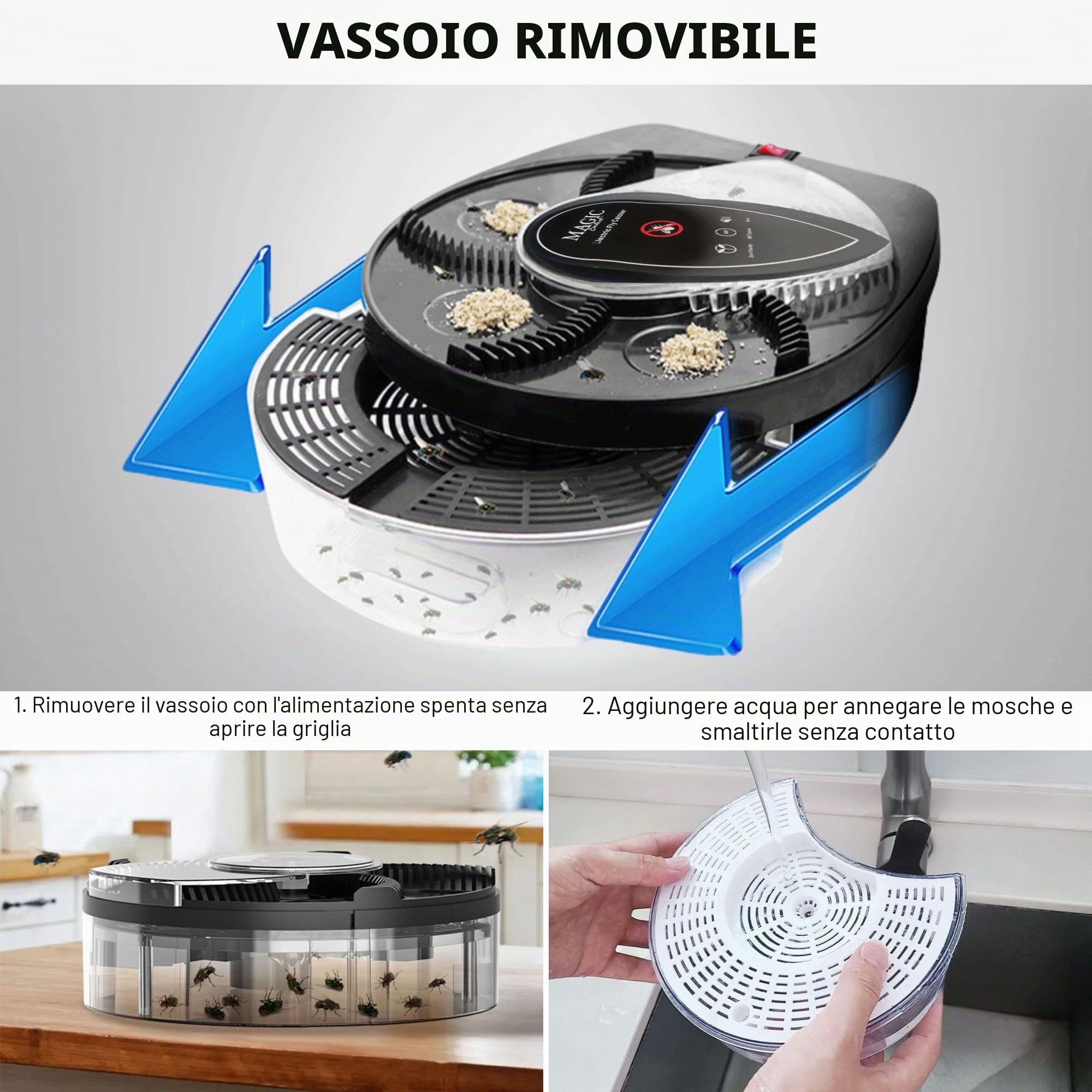 Acchiappamosche Elettrico. Trappola per Mosche Girevole a 360°, Antizanzare per Casa, Cucina, Ristorante, Hotel, Bar, Silenziosa, Batteria da 72 H (Ricaricabile con Cavo USB Inclusi)