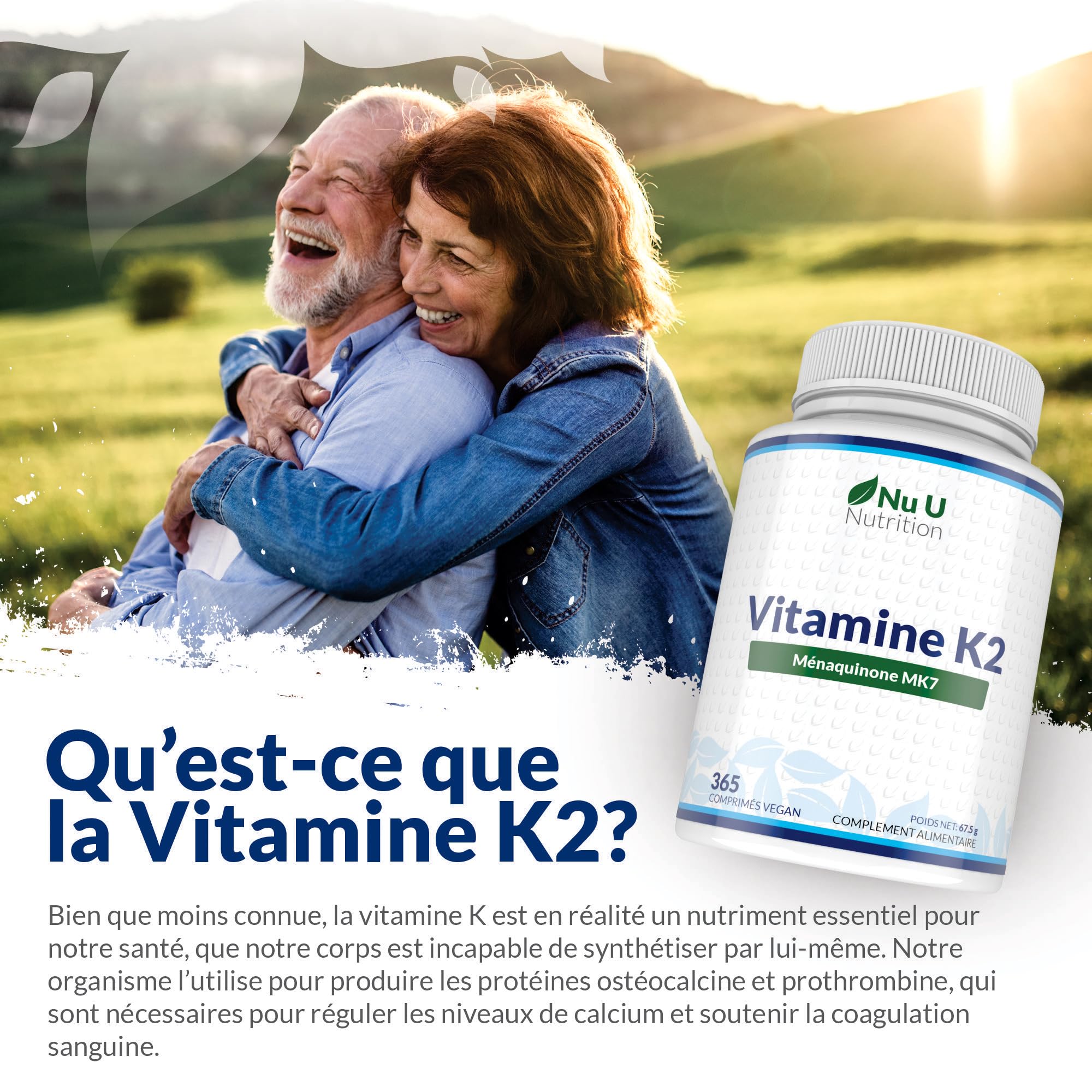 Vitamine K2 MK7 200mcg - 365 Comprimés Végétaliens - Vit K2 Ménaquinone MK7 Natto Trans-isomère - Un An d'Approvisionnement - Fabriqué en Europe - Nu U Nutrition