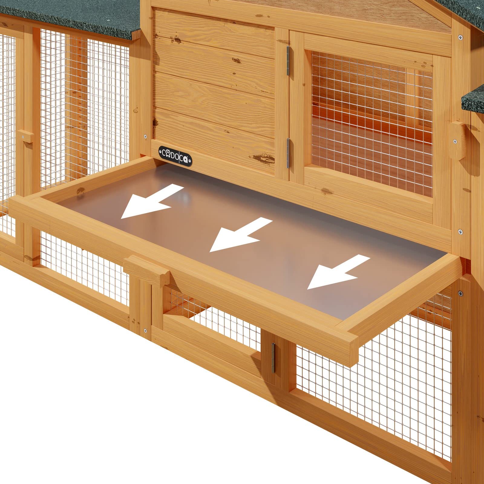 CADOCA® Conejera de Madera, 2 Pisos, 204x45x84cm, Casa Conejos Mascotas Pequeñas, Bandeja Extraíble, 2 Rampas, Techo Asfalto, Gallinero, Fácil Limpieza