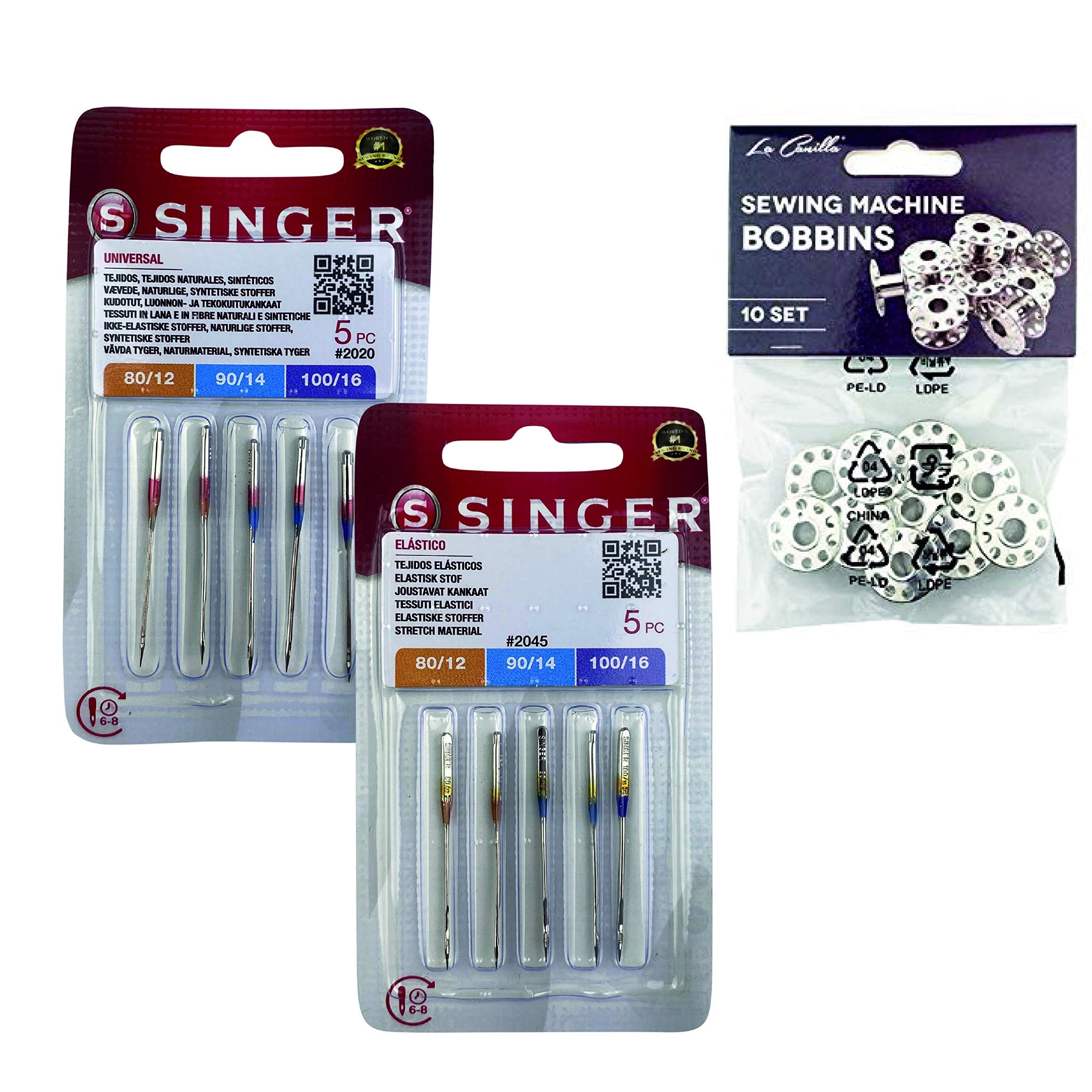 Singer Pack of 2 Sets of Universal Needles for Sewing Cotton and Knit, Stretch, and Lycra Fabrics — Models 2020 and 2045, System 130/705 H (Flat One Side) HAx1 and H-S + Metal Bobbins
