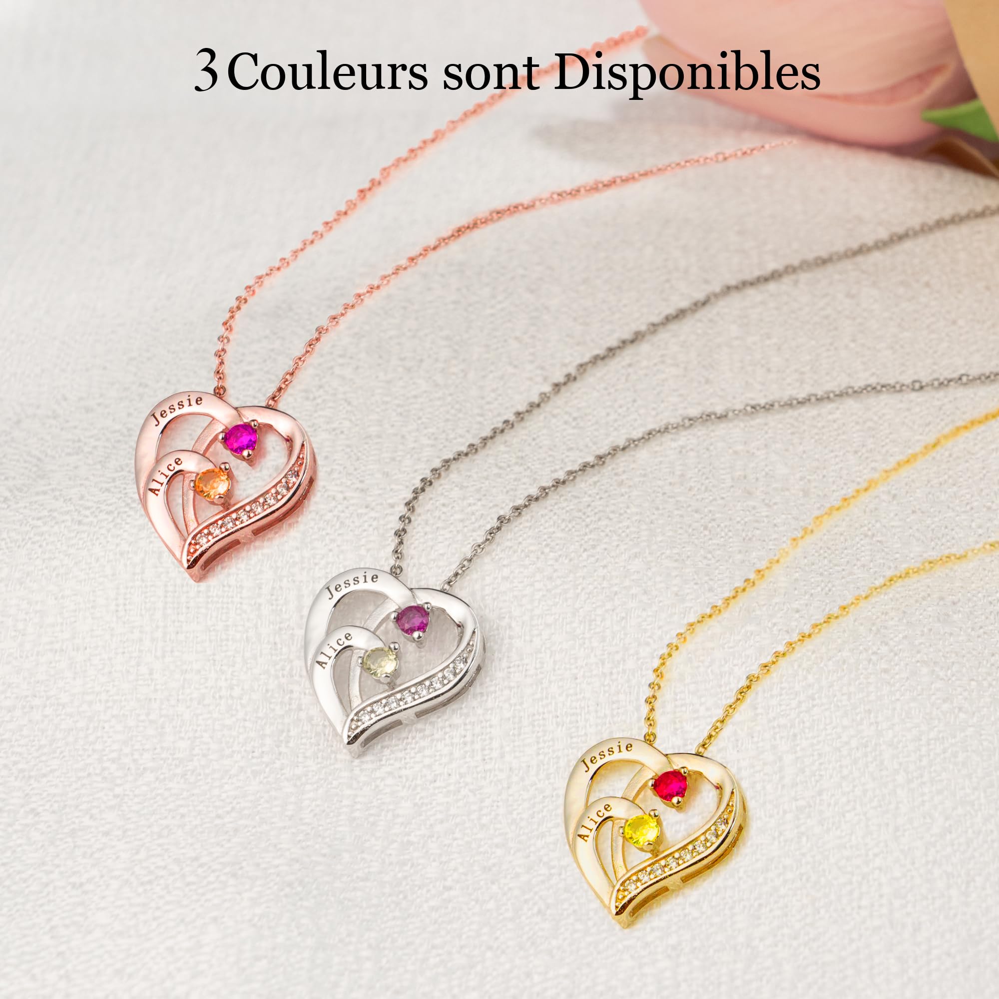Easycosy Collier Personnalisé Prénom avec Pierres de Naissance Collier gravé 1-4 Nom Collier Pendentif Cœur Bijoux Personnalisé Cadeau Femme Fille Maman Mamie Copine pour Anniversaire Noël St-Valentin