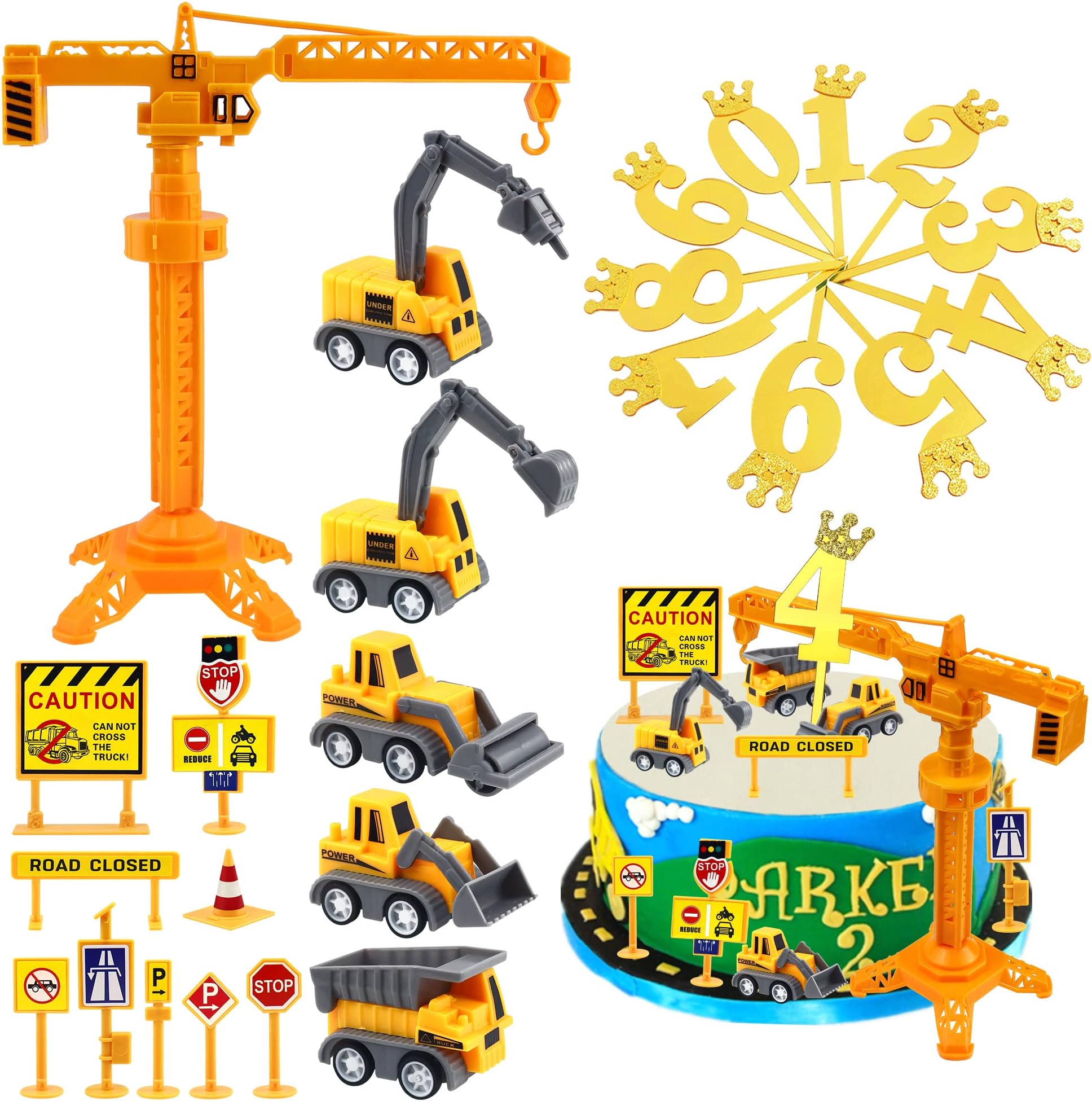 25Pcs Mini Construction Vehicles Cake Toppers Set Number 0-9 Golden Stick and Road Toy Sign Tower Crane Excavator Cake Cupcake Topper Digger Theme Cake Decorations for Kids Boys Baby Shower Birthday