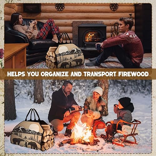 Miniatura 18 de Barydat Portador grande de leña con asas, 39 x 18 pulgadas, lona para leña, soporte de madera resistente para chimenea, fogata, campamento