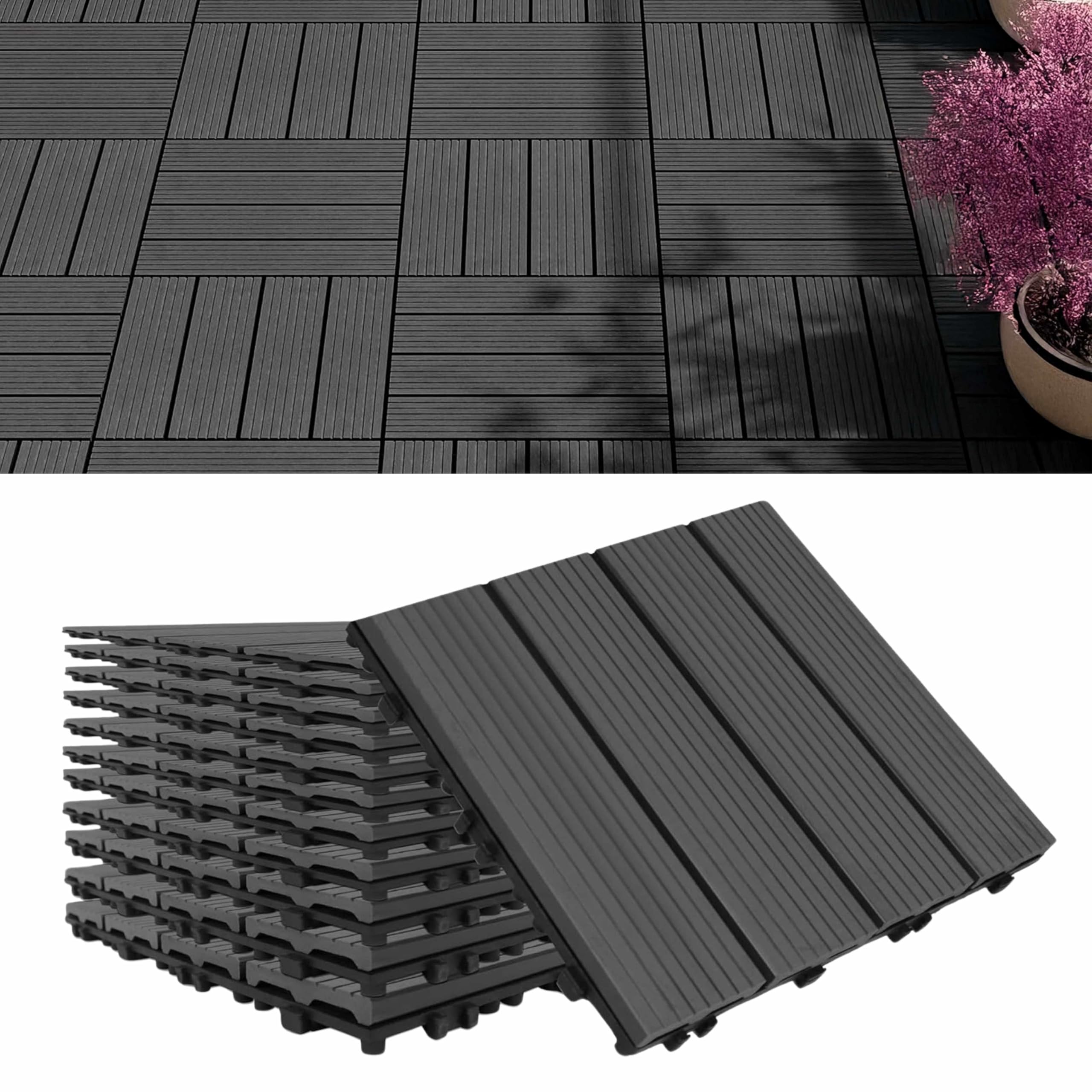 ADEPTNA Pack of 8 Durable Composite Decking Tiles - Garden Patio and Outdoor Deck Areas โ Easy to Install Interlocking Click System (DARK GREY)