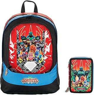 ZAINO SCUOLA Gormiti ROUND XL tondo originale nuova collezione + Astuccio 3 piani completo + omaggio portachiave fischietto + 10 penne glitterate + segnalibro