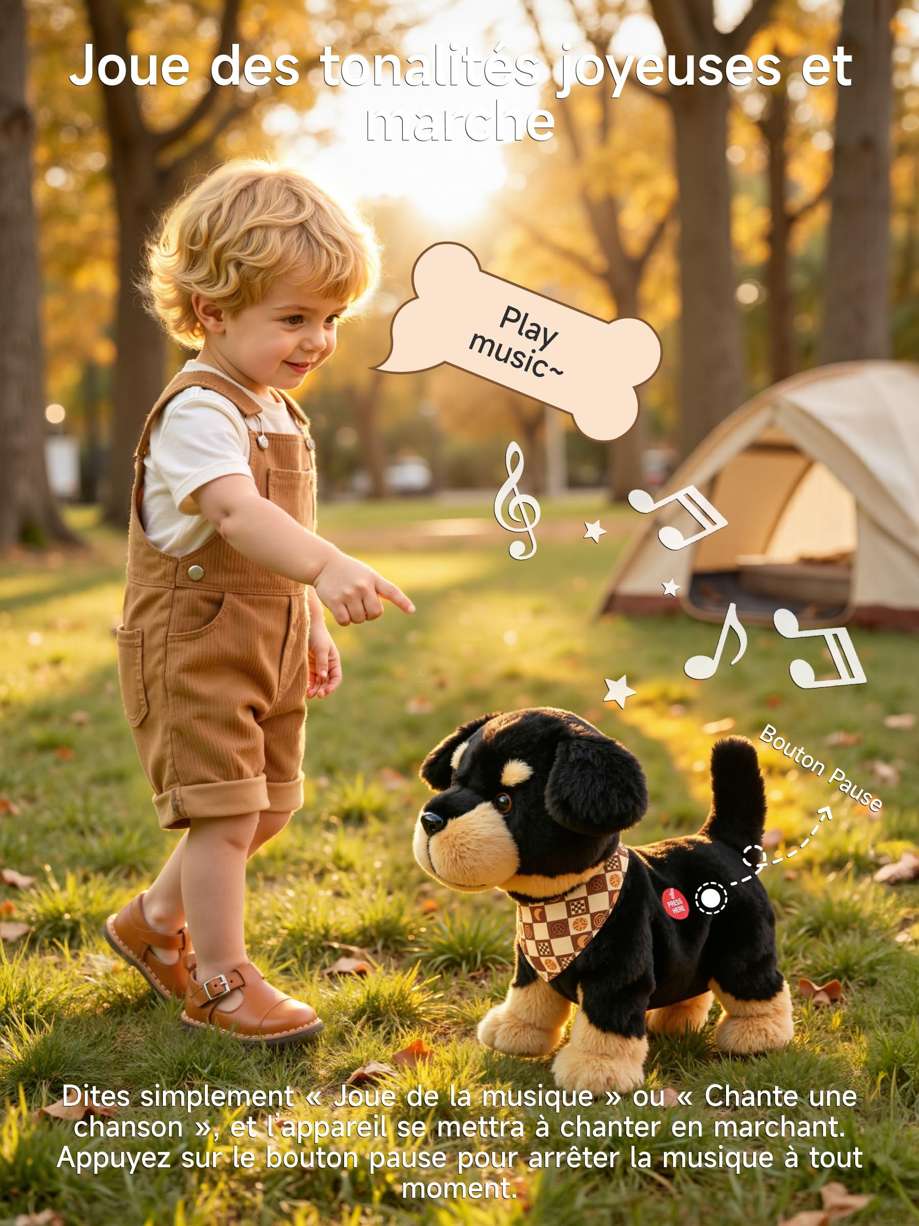 OR OR TU Commande Vocale Chien Jouet Enfant Peluche Chien | Rottweiler, Qui Chante, Aboie, Marche et s'assoit, Matière Douce pour la peau, pour les Enfants à Partir de 2 Ans