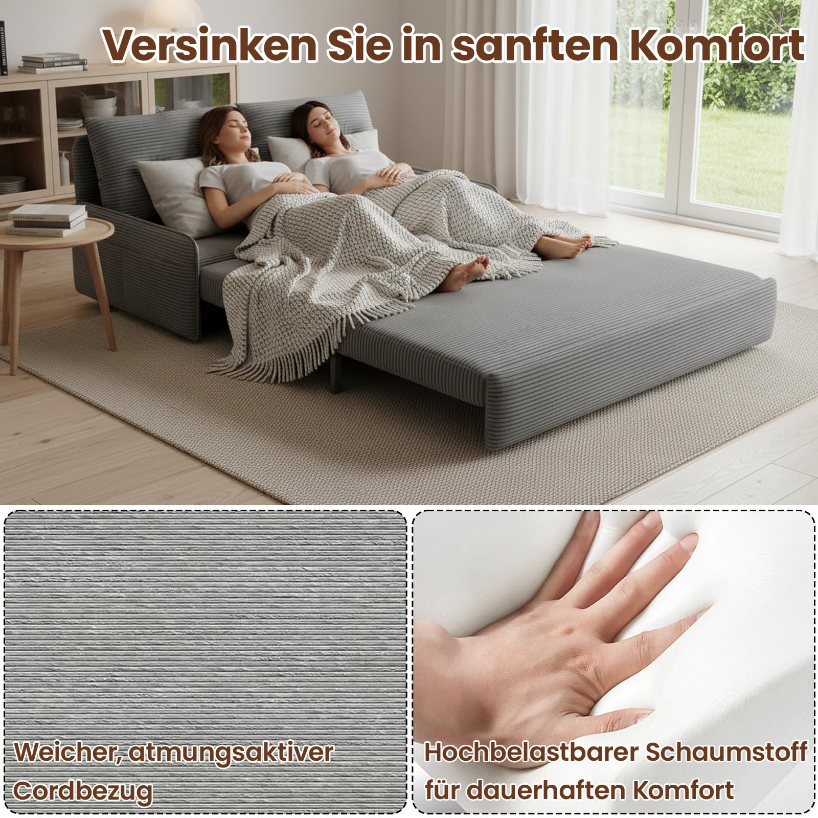 3-in-1 Schlafsofa, 2-Sitzer Sofa mit Schlaffunktion, Kordsamt Schlafcouch