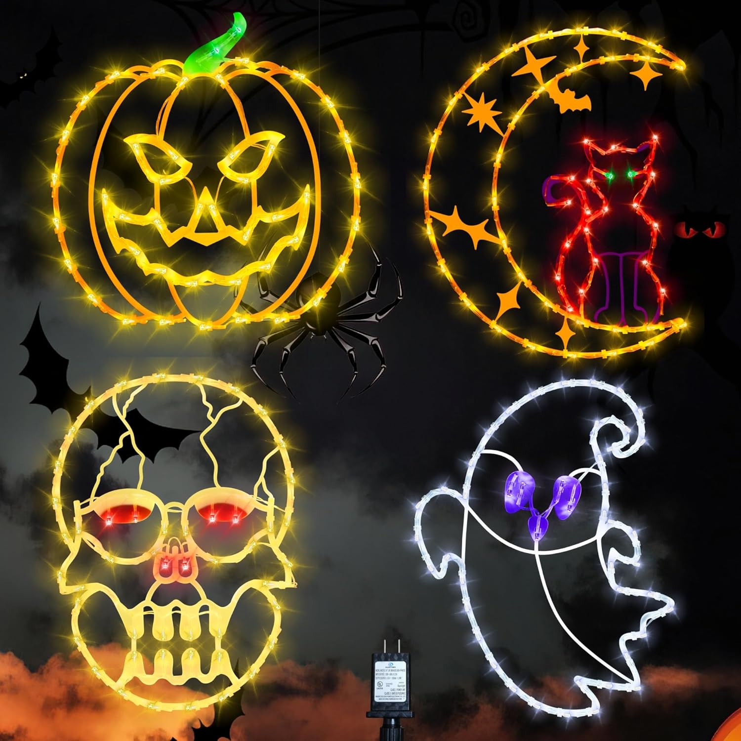 16" Halloween Window Decorations Lights - 4 Pack Colour Lighted Cat on Moon & Ghost & Pumpkin & Skull Head for Holiday Indoor and Outdoor Wall Door Window Decorate