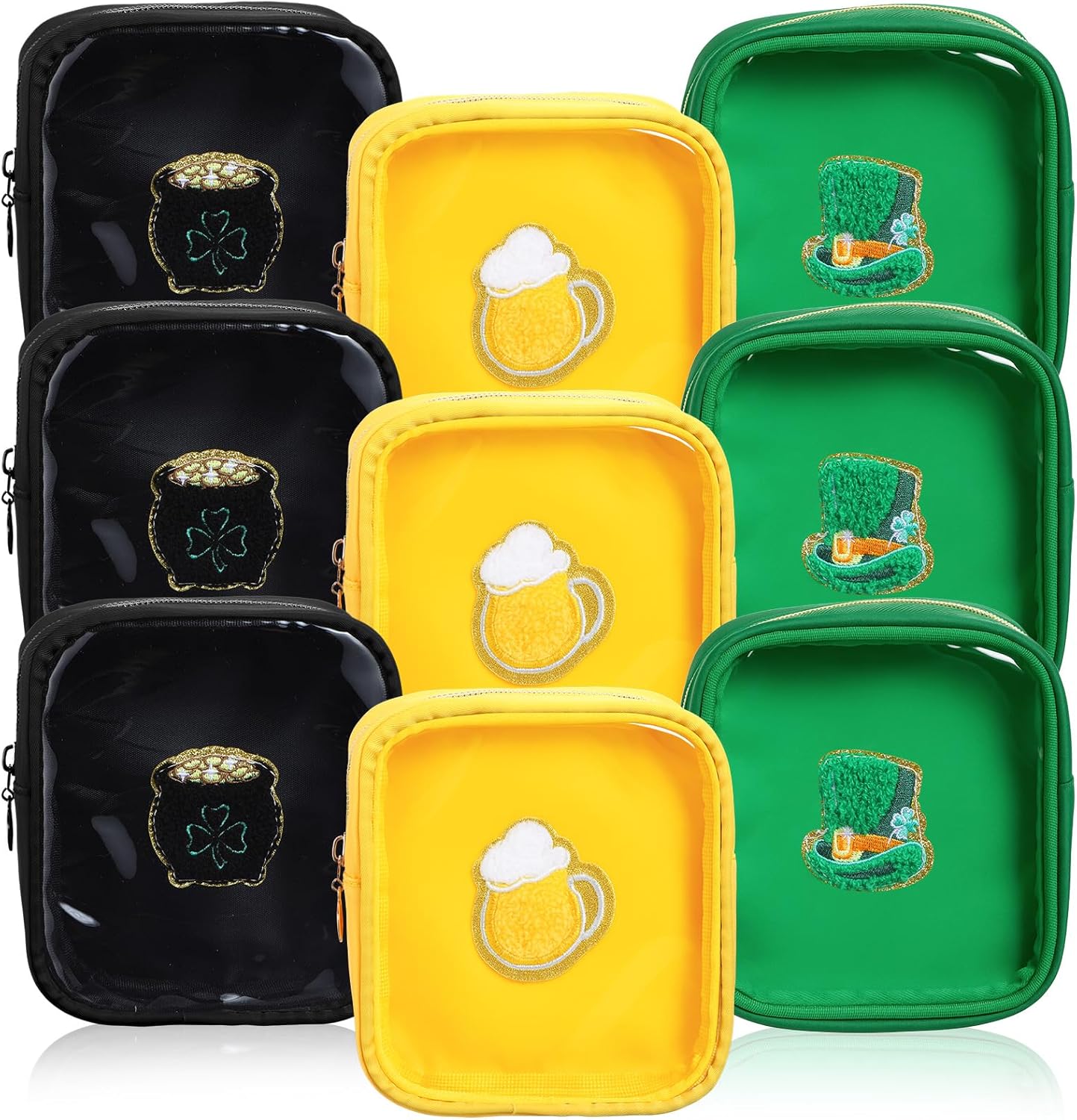 9 Pcs St. Patrick's Day Makeup Bag Set Clear PVC Shamrock Cosmetic Bag with Zipper Transparent Leprechaun Hat Pot of Gold Beer Chenille Makeup Pouch Irish Toiletry Organizer (6 "x 5")