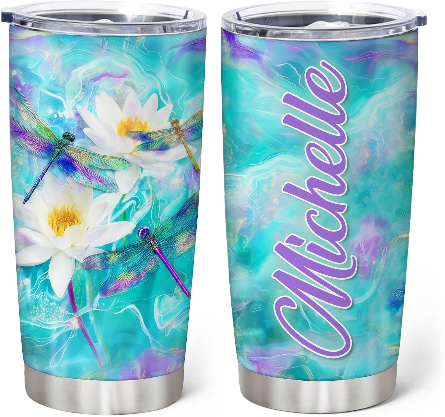 Hyturtle Personalized Gifts For Dragonfly Lover - Birthday Christmas - Dragonfly Print Custom Name Stainless Steel Tumbler 20oz With Straw Lid -Gifts For Women Her Girl Daughter Friend