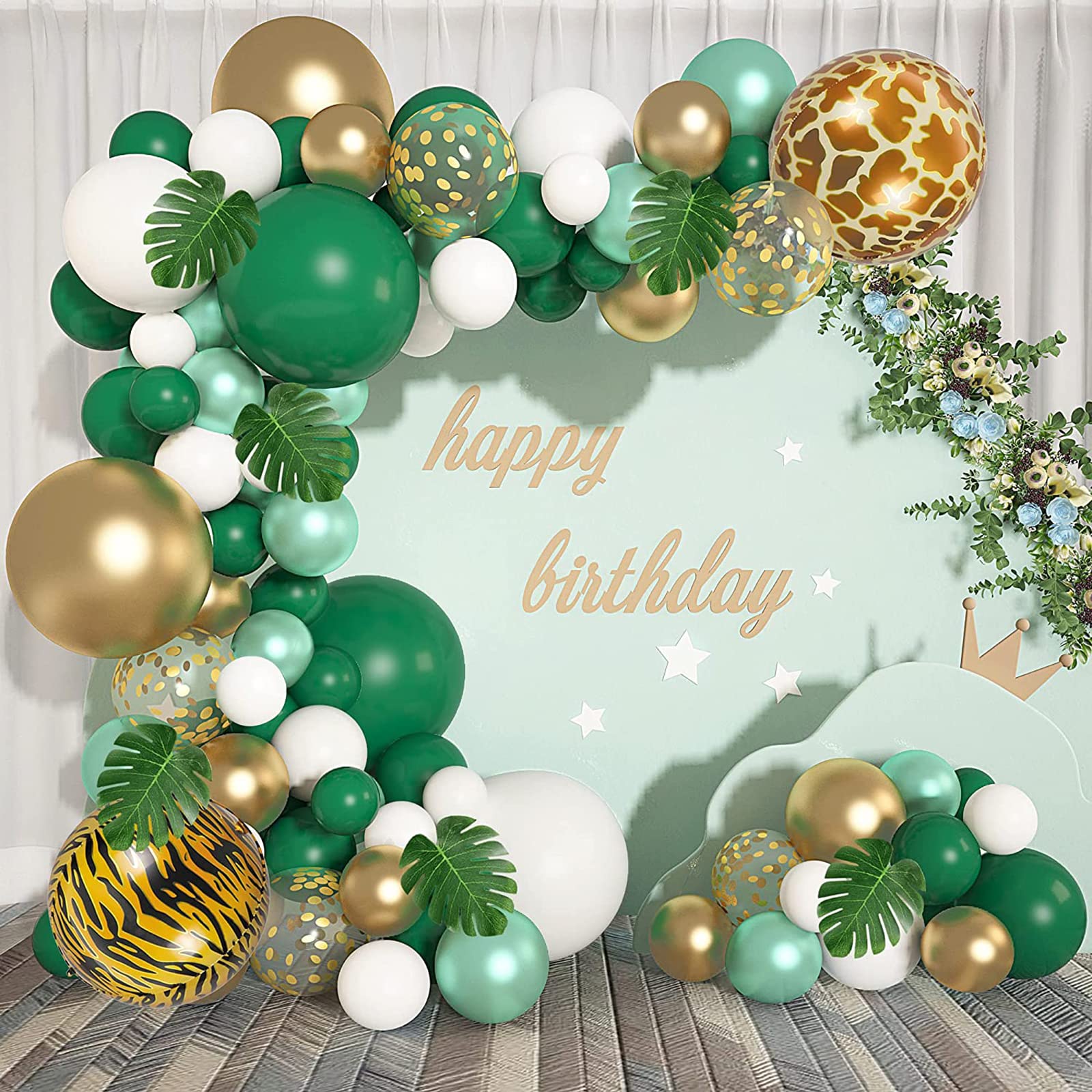 CoociJungle Safari Theme Balloons Arch Garland Kit, 91 PCS Green Gold White Gold Confetti Balloons Tropical Palm Leaves for Baby Shower Wedding Birthday Party Graduation Decorations Supplies