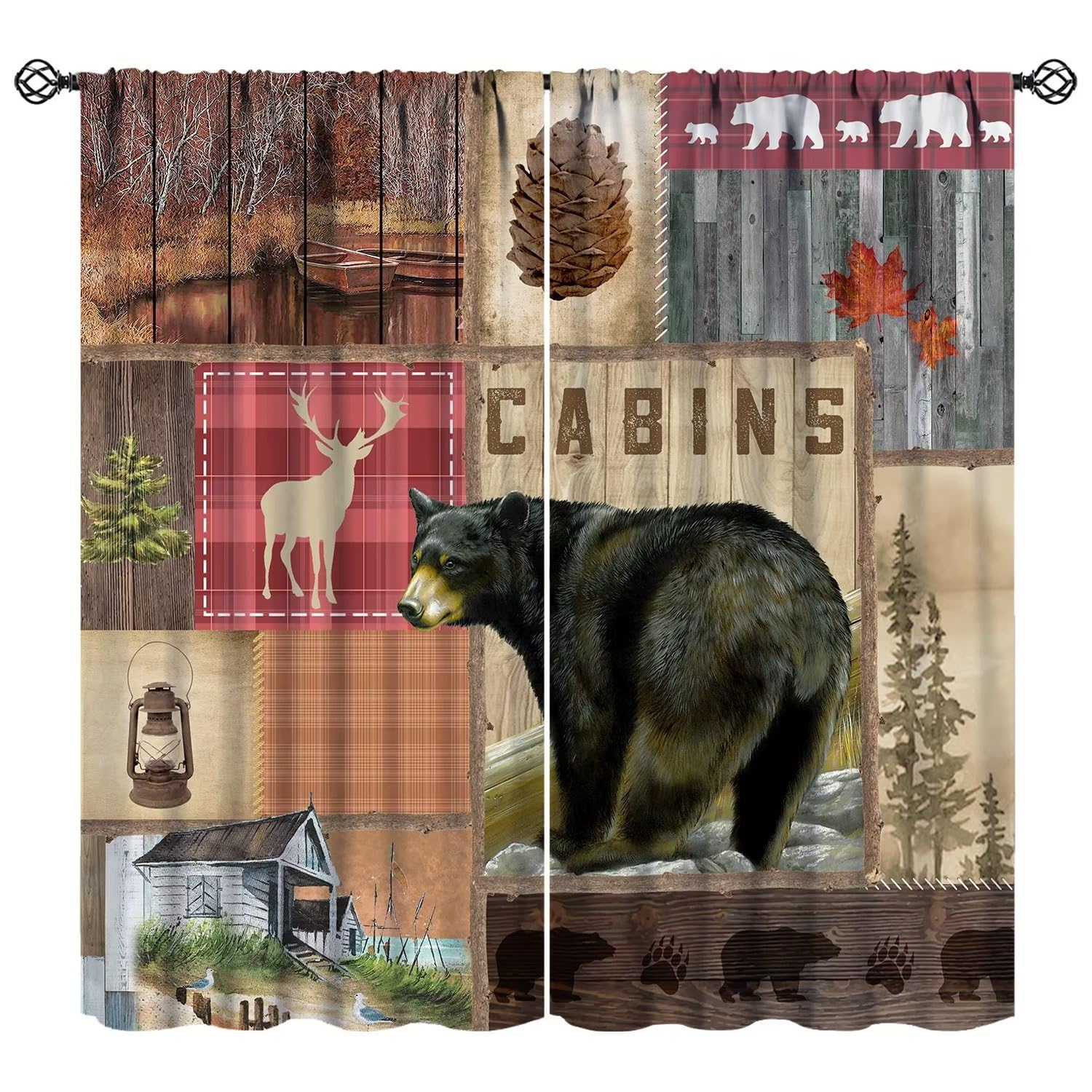 Brown Bear Curtain,Forest Animals Hunting Wildlife Rustic Cabin Room Darkening Door Window Rod Pocket Curtain for Living Room Kitchen Bathroom W52xL84in