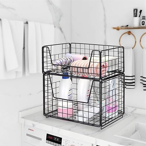 Miniatura 3 de TIEYIPIN Cesta de almacenamiento de alambre de metal de 2 niveles, apilable, para frutas, verduras, alimentos, gabinete, organizador de despensa,