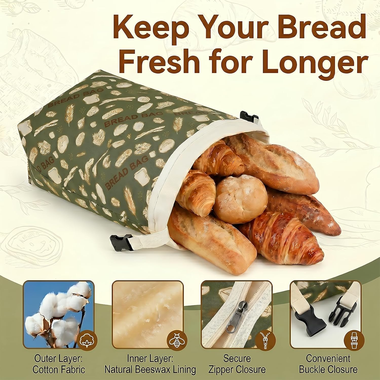 2 Pack Reusable Beeswax Bread Bags with Zipper Sourdough Bread Storage, Organic Waxed Lined Cotton Bread Bag for Homemade Food-Storage Bag Keep Fresh XL Large Capacit 17 x 13 Inches