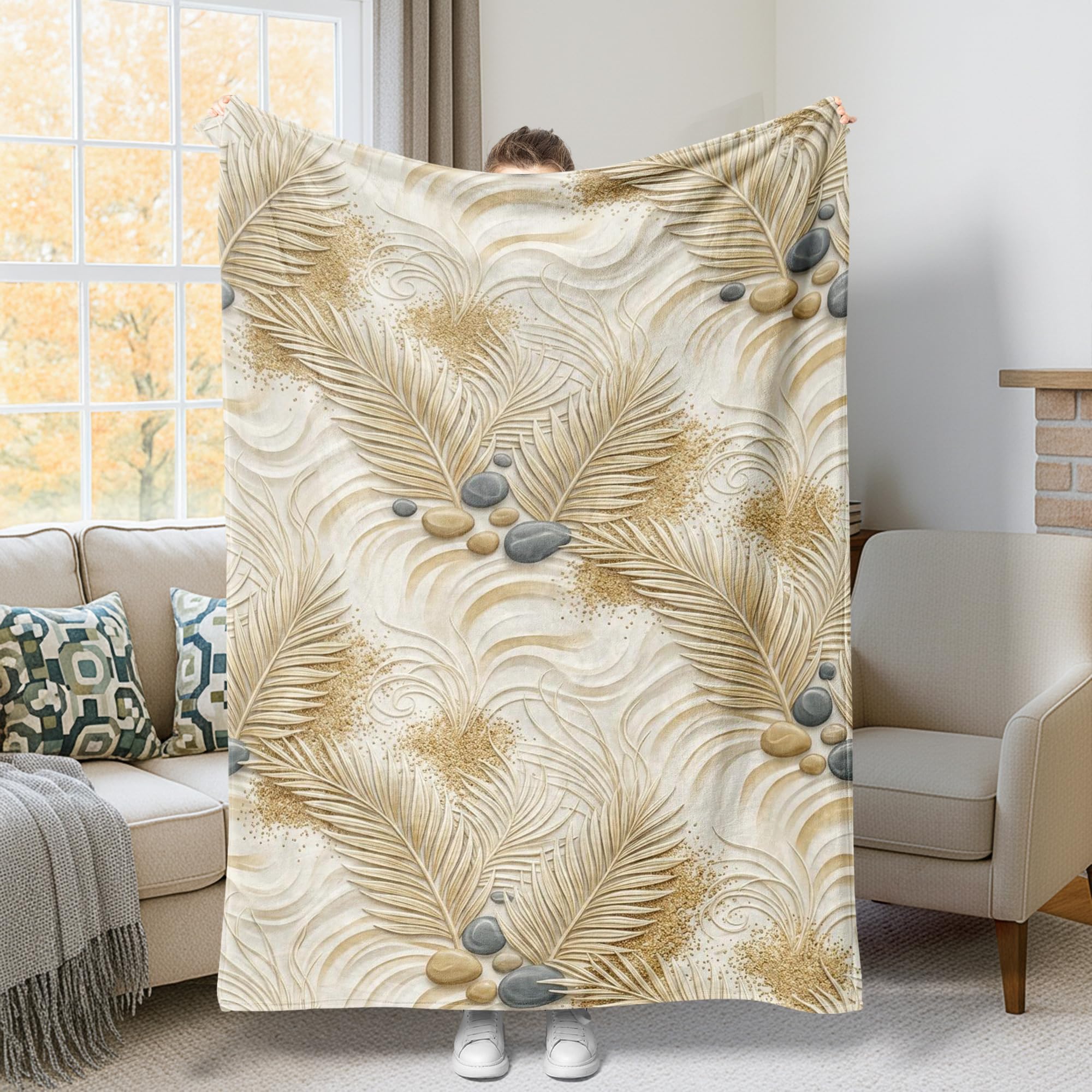 Couverture en flanelle beige 152x203 cm à motif feuilles de palmier pour lit et canapé