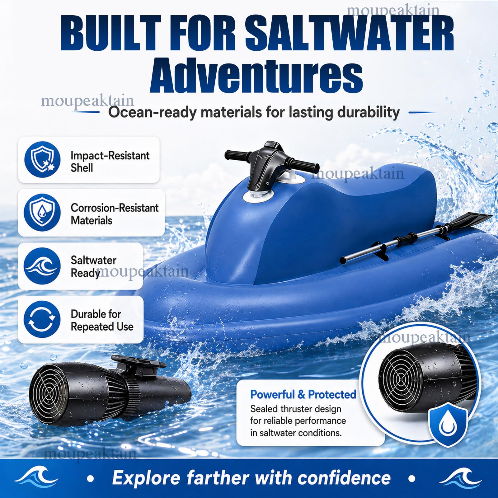Barco Jet Eléctrico Hinchable para 2 Personas con Scooter Subacuático 500W/700W, Velocidad 3–9 km/h, Autonomía 130 min, Profundidad 40 m – para Buceo, Pesca y Aventuras en la Costa 16A