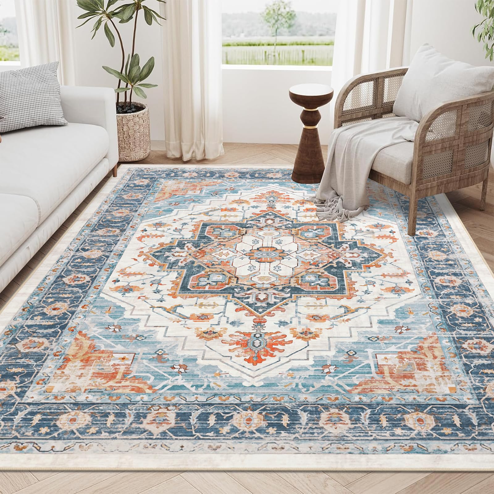 Pauwer Washable Area Rug 5x7, Large Boho Living Room Area Rugs, Soft Vintage Bedroom Rug Carpet, Non Slip Low-Pile Distressed Accent Rug for Dining Room Entryway Dorm, Blue