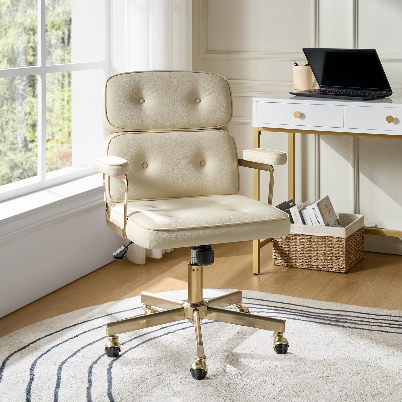 HULALA HOME Faux Leather Office Desk Chair with Golden Metal Legs, Comfy Upholstered Computer Chair with Tufted Backrest & Thick-Cushion Padded