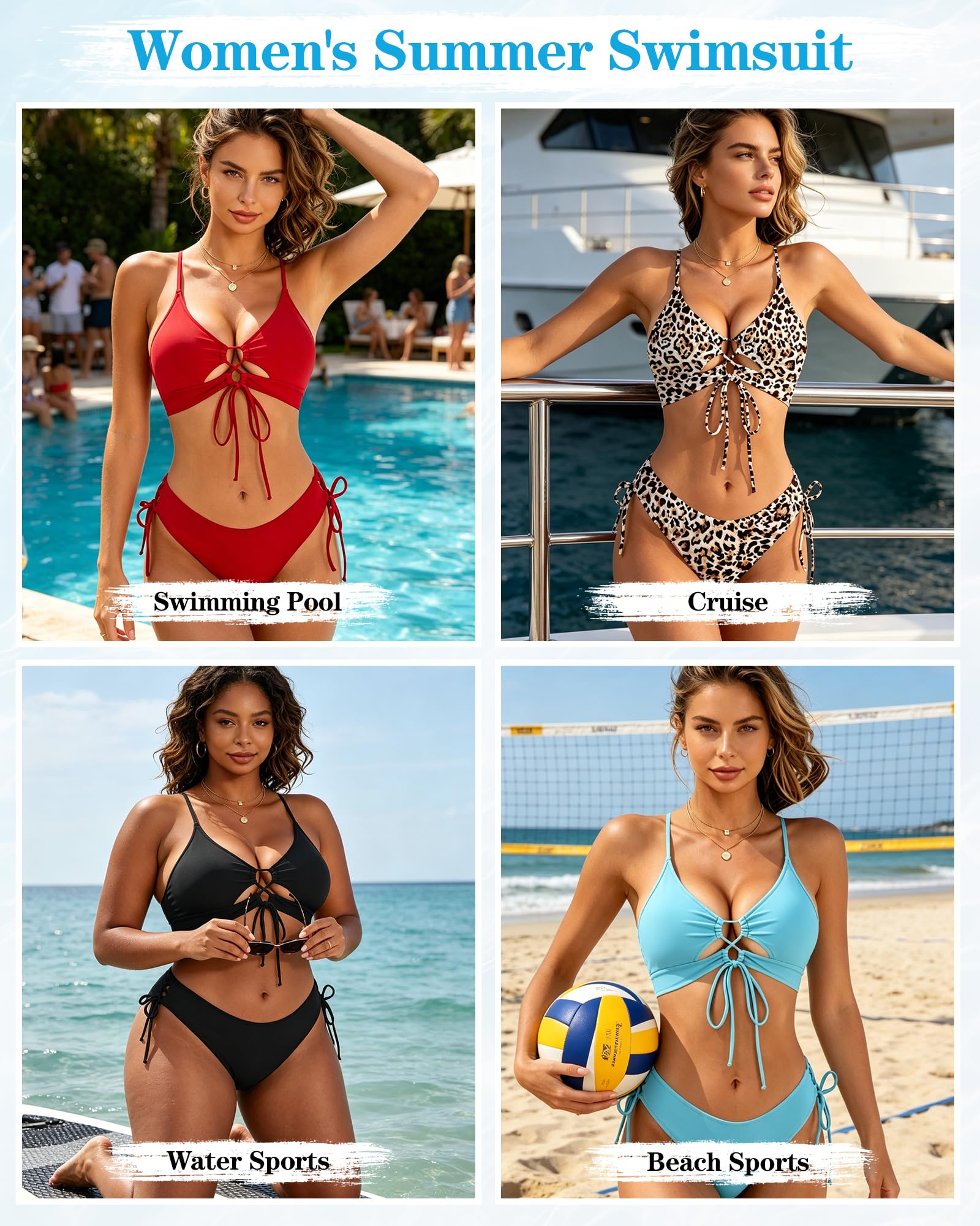 HORISUN Sexy Bikini-Sets für kurvige Damen 2-teiliger Cut-Out-Badeanzug mit hohem Beinausschnitt, Kordelzug & verstellbaren Bindebändern