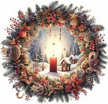 Christmas Wreath Wall Decal Candlelight Holiday Sticker with Pinecones, Bells & Snowy Cottage, Removable Vinyl Winter Wall Decor for Living Room, Window, Fireplace & Front Door Decoration