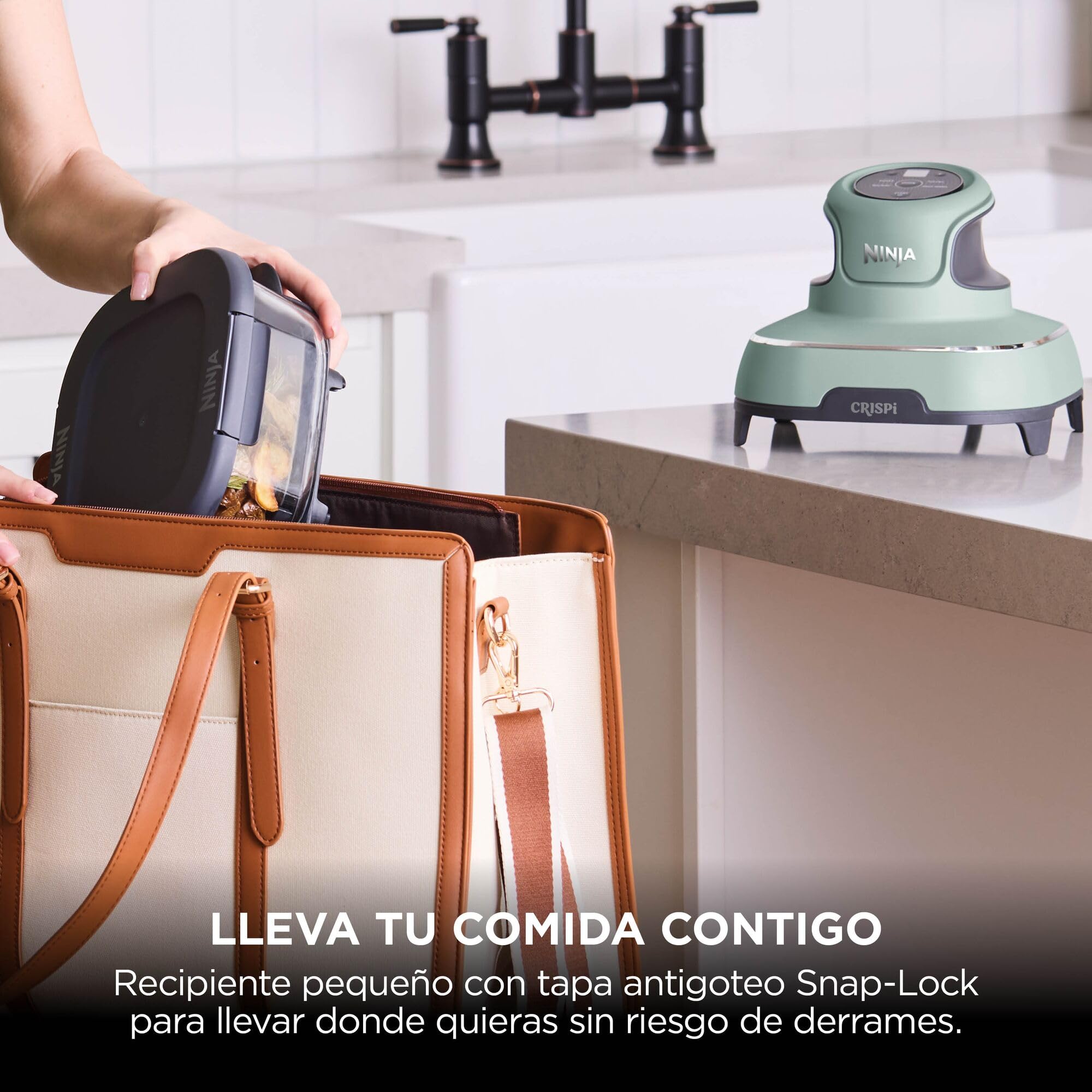 Ninja CRISPi Freidora de Aire portátil, 3,8 l, 4 en 1, freír con Aire, Asar, Mantener Caliente y gratinar, compacta, Incluye 2 recipientes de Vidrio extraíbles y Tapas
