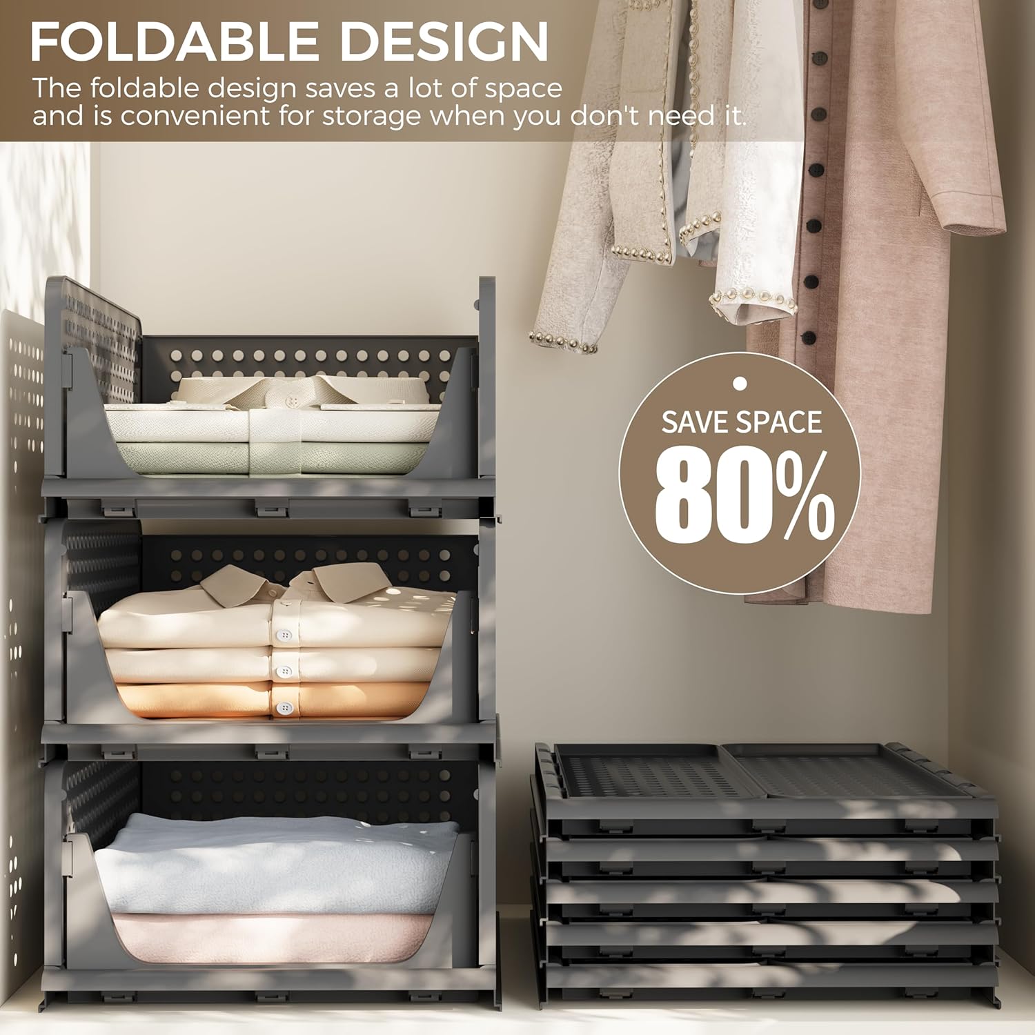 5 Pack Stackable Closet Organizers and Storage Bins, Multifunctional & Foldable Closet Clothes Organizer Box, Plastic Drawer Shelf Storage Bedroom Bathroom Kitchen Office Laundry Room, Black