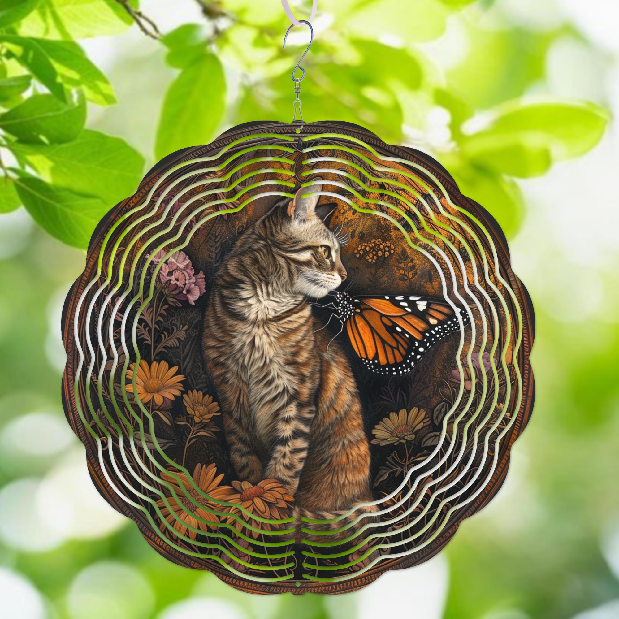 365CUSGIFTS Wind Spinners 12 inch 3D Stainless Steel Floral Cat Hanging Wind Spinner Metal Wind Catchers Kinetic Sculpture for Indoor Outdoor Garden Decor,Yard Art Gifts for Women