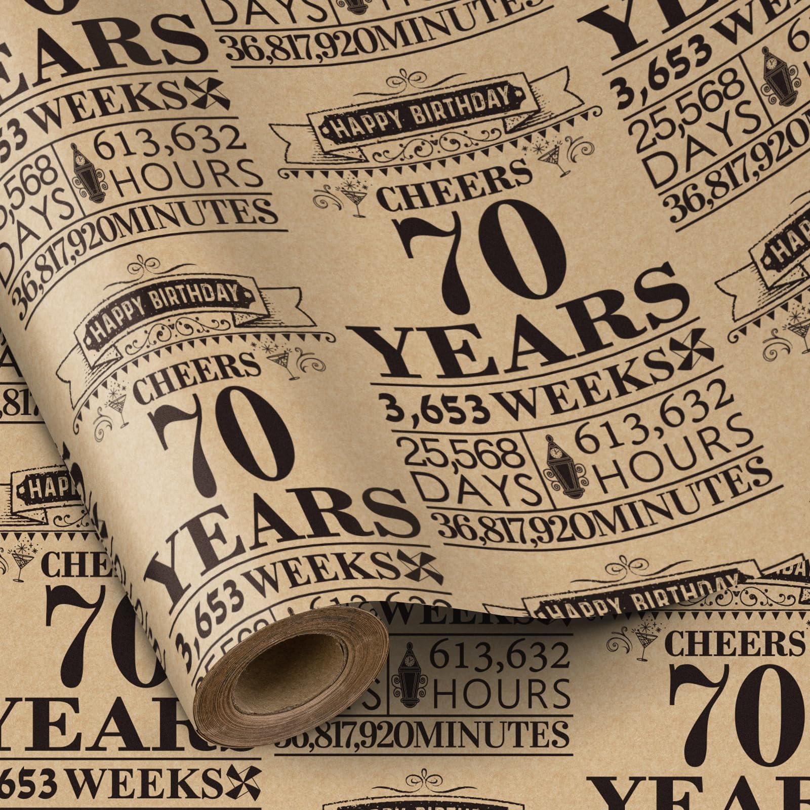 RUSPEPA Birthday Wrapping Paper Roll, Mini Roll, Black 70 Years Design Kraft Gift Wrap Paper Great for Birthday, Party, 43.2cm x 5m, 70th Birthday Gifts for Men