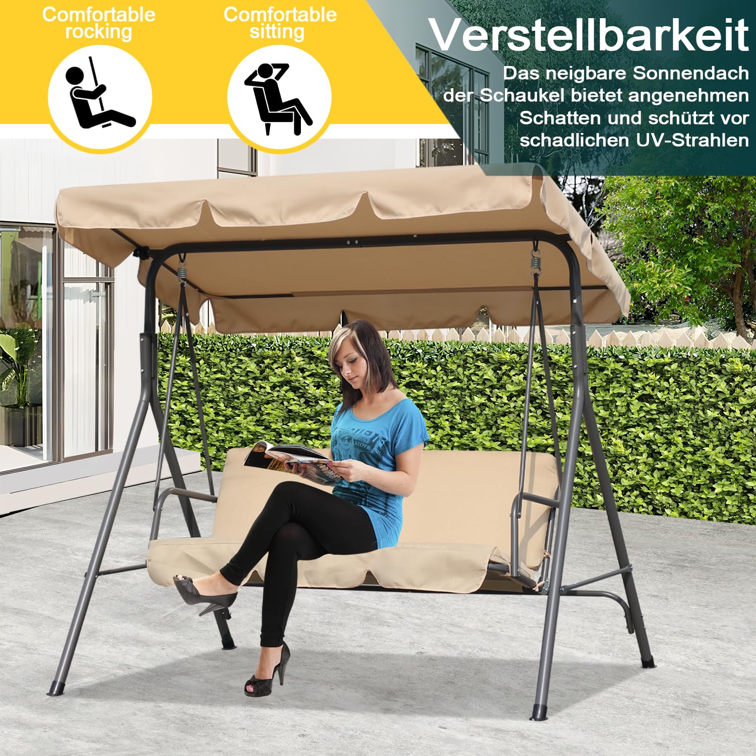 Angel Living Balançoire de Jardin en Métal avec Parasol Balançoire 3 Places avec Coussin Ajustable et Plafond pour Terrasse, Balcon Extérieur, Acier, Max. 240 kg - 169x110x151cm (Beige)