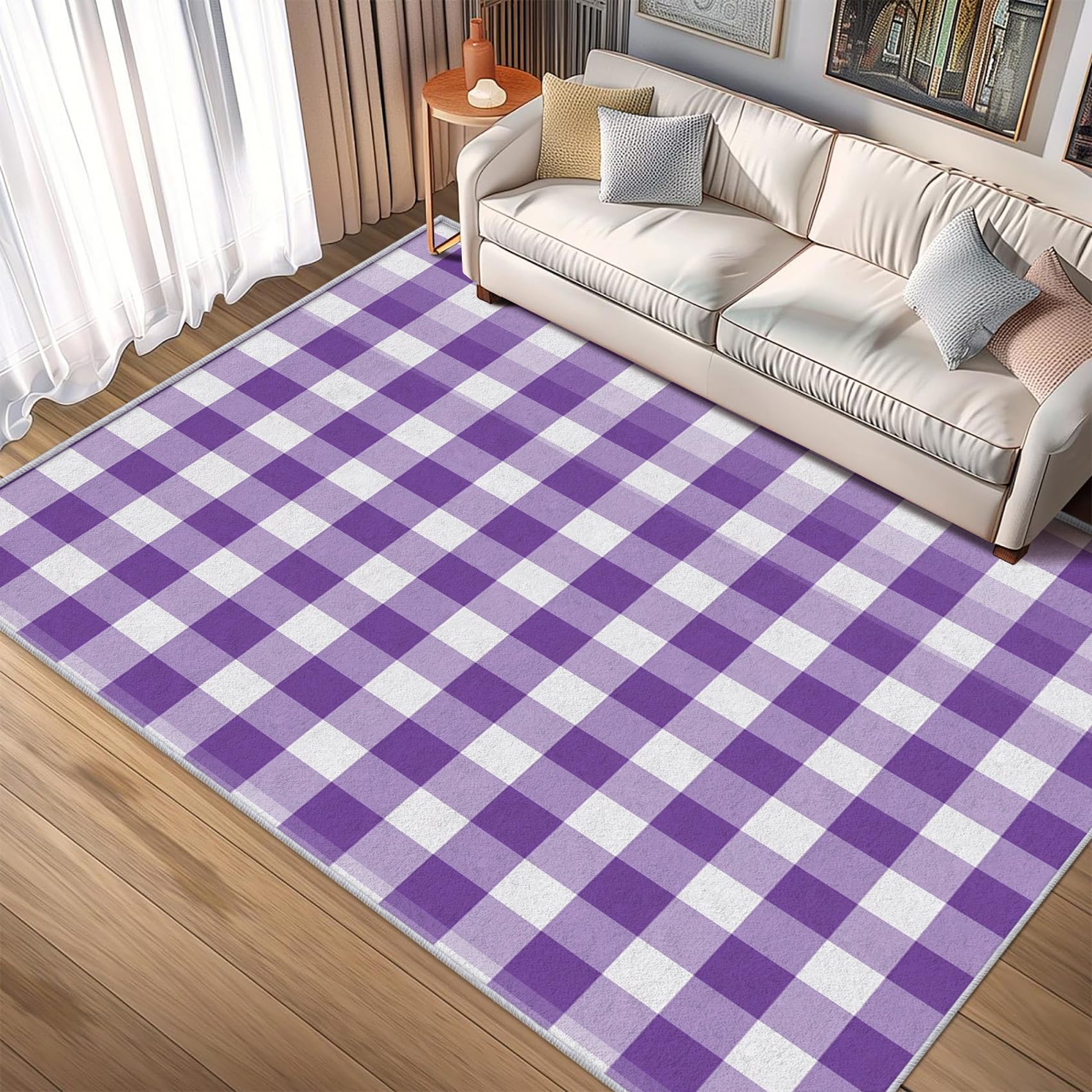 Lila Gitter Waschbarer Teppich 80 x 150 cm – Weich rutschfest Büffel Schachbrett Design für Wohnzimmer & Schlafzimmer Deko Kurzflor Tappeto per elegante Räume