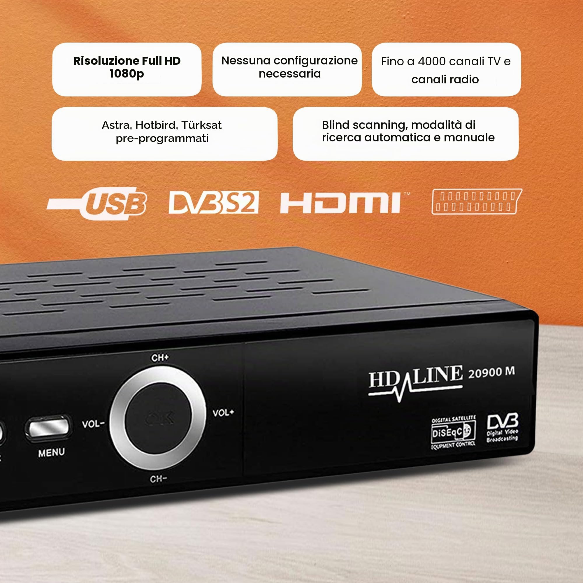 Hd-line 20900 Ricevitore Satellitare DVB S2 per satelliti digitali SAT (DVB-S/S2, HDMI, SCART, 2 x USB 2.0, Full HD 1080p) (preprogrammato per Astra Hotbird e Türksat)