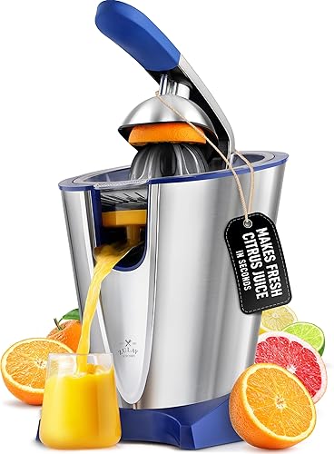 Exprimidor Eléctrico de Cítricos Zulay - Hace Jugo Fresco de Naranja, Limón, Pomelo, Lima - Acero Inoxidable, 160W Potente y Silencioso, Conos