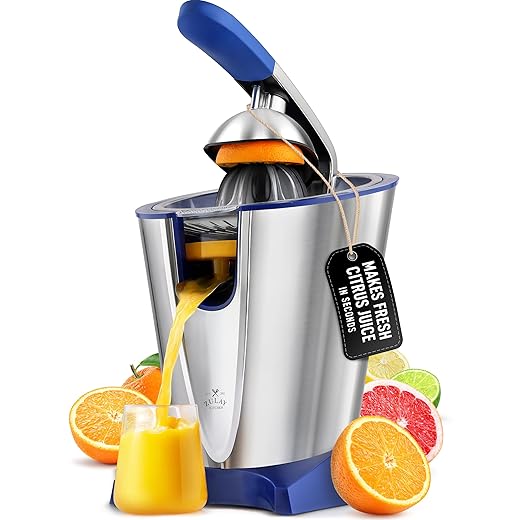 Zulay Electric Citrus Juicer - Makes Fresh Orange, Lemon, Grapefruit, Lime Juice - Stainless Steel, 160W Powerful & Quiet, Interchangeable Cones -Filters Out Seeds & Pulp- Dishwasher Safe Parts - Blue