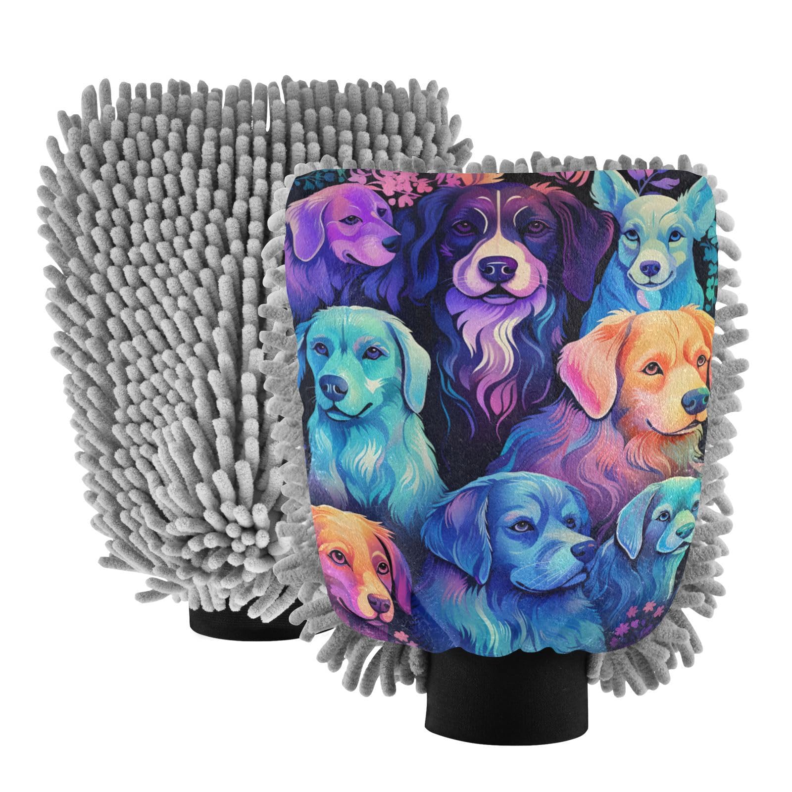 IOACIY Absorbent Microfiber Car Wash Drying Mitts, 2 Pack, Scratch-Free & Lint-Free, Rich Foam, Highly Absorbent, Double Sided, Wash Mitt Perfect for Car Washing, L, Cute Dog (3)