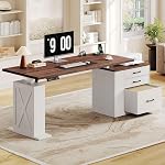 Bureau électrique avec tiroirs, bureau d'angle réglable en hauteur de la ferme, bureau de bureau assis 4 AC Sorties & Port de type C, Bureau d'informatique de direction, Brown & blanc