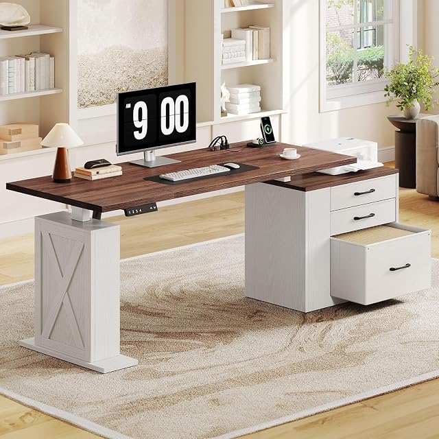 Bureau électrique avec tiroirs, bureau d'angle réglable en hauteur de la ferme, bureau de bureau assis 4 AC Sorties & Port de type C, Bureau d'informatique de direction, Brown & blanc