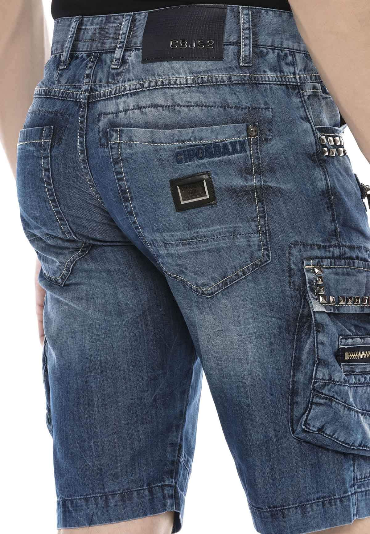 Cipo & Baxx Herren Jeans-Shorts Denim Freizeithose Kurze Hose Reißverschluss Kunstleder Bermuda CK259