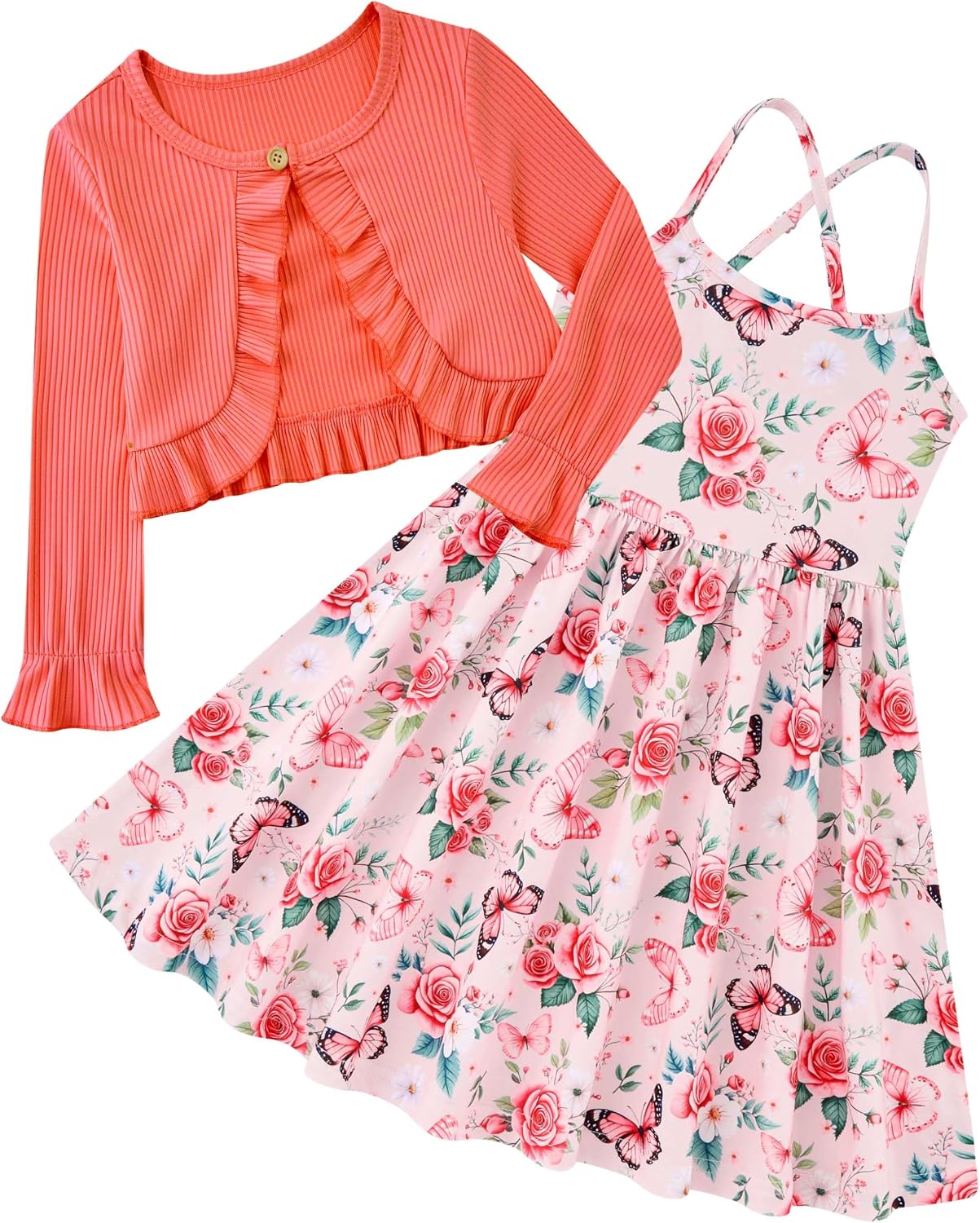 Girl Adjustable Spaghetti Crossback Strap Dress with Cute Cardigan Size 3-7