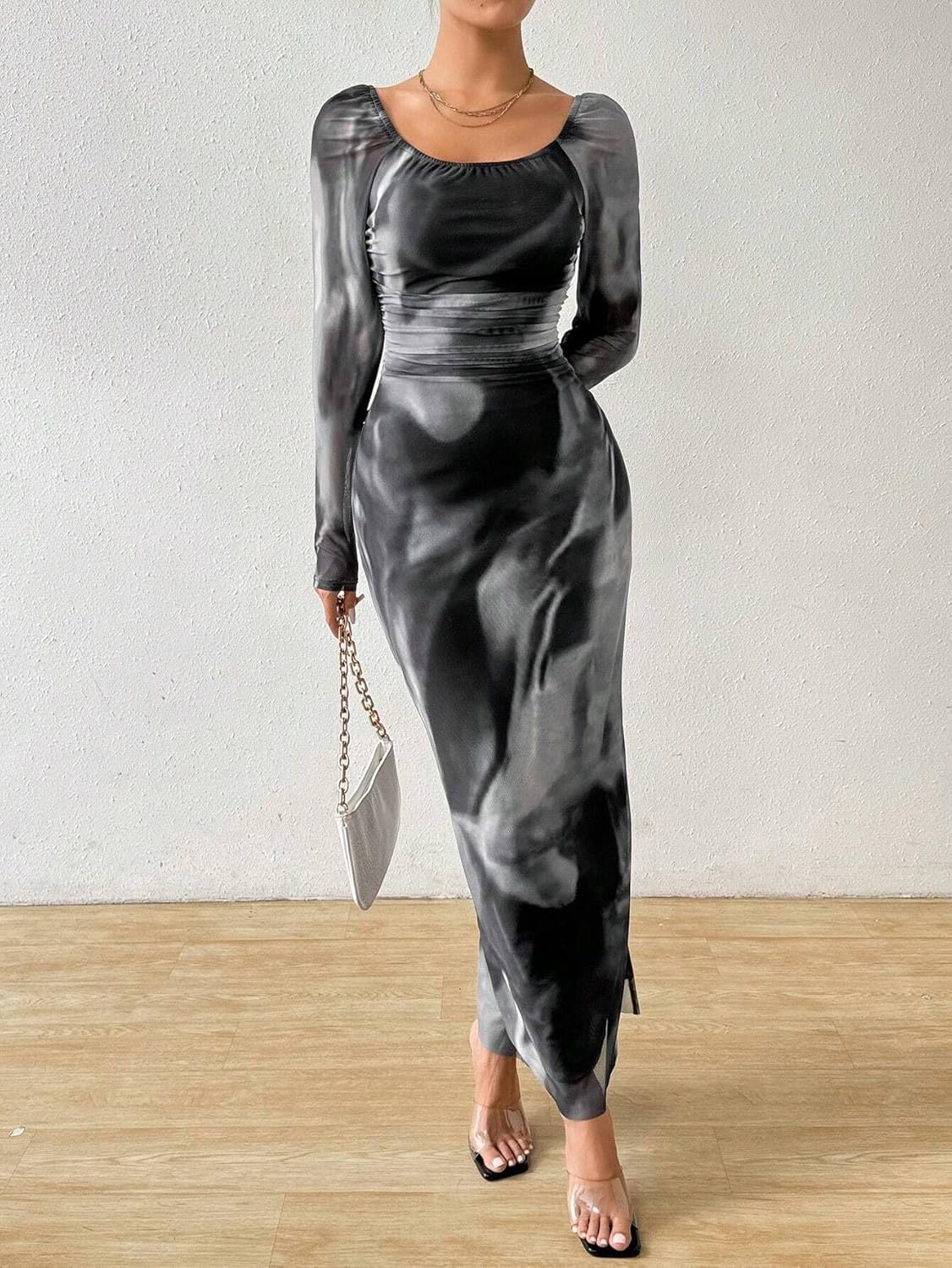 LIGHT DOT Women's Printed Off Shoulder Maxi Dress Long Sleeve Bodycon Ruched Mesh Cocktail Dress - Image 5