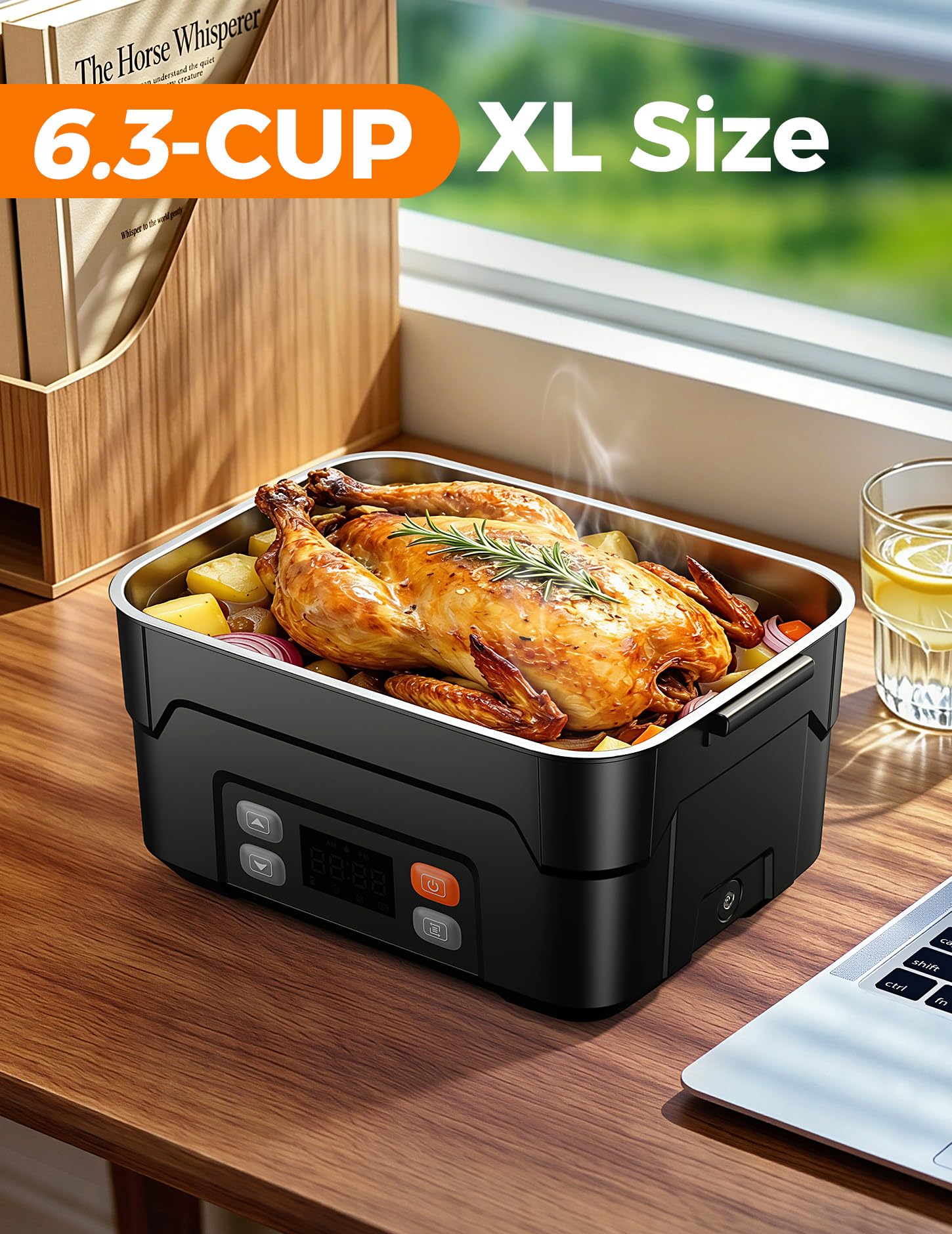 Lonchera eléctrica inalámbrica XL de 1.5 L para adultos, 104.4 °C calentada, color negro | Fiambrera térmica para alimentos, 27000 mAh, contenedor de acero inoxidable para el trabajo, al aire libre, viajes