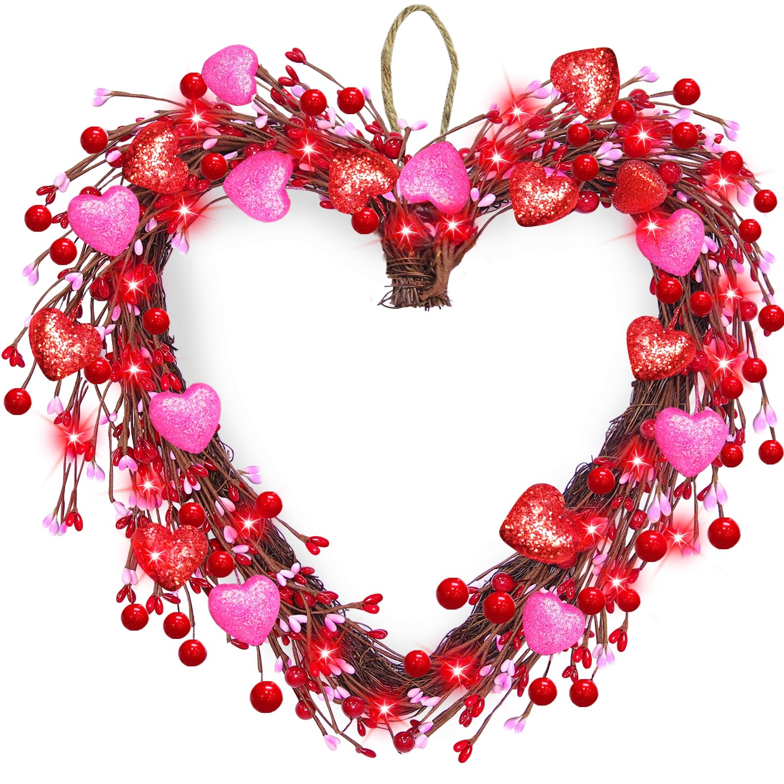 TURNMEON Valentine's Day Wreath, 16" Heart Shaped Wreath for Front Door with 20 Red Lights Pink Red Heart Red Berry Battery Operated Valentines Door Wreath for Home Outdoor Indoor Wedding Party Decor